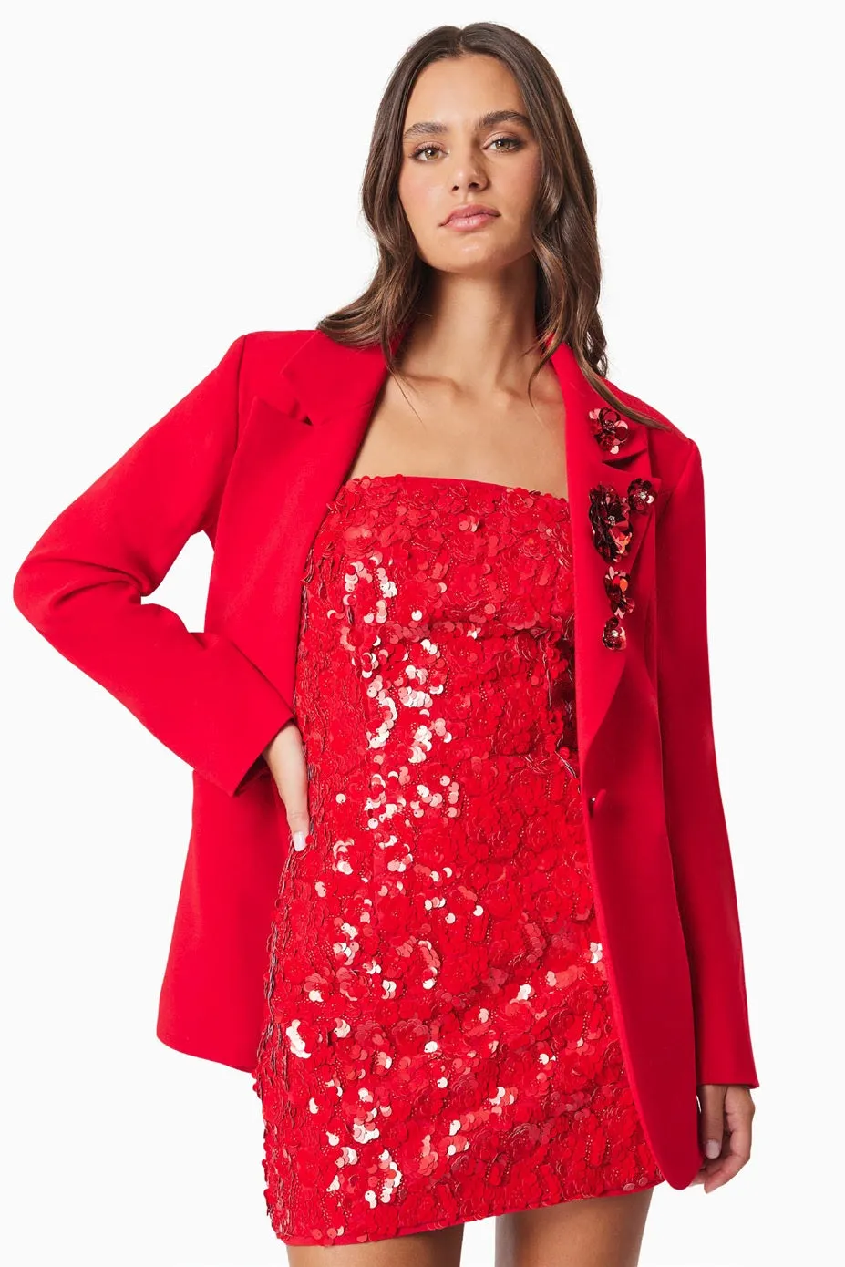 Tailored Longline Blazer with Sequin Rosette - Red