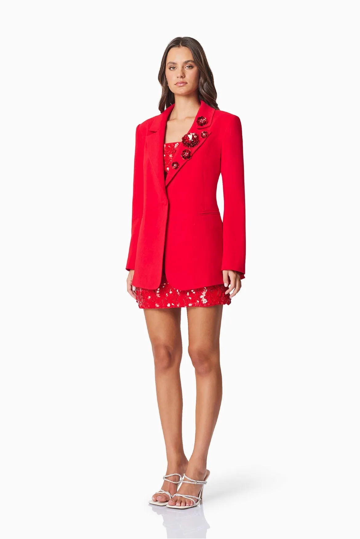 Tailored Longline Blazer with Sequin Rosette - Red