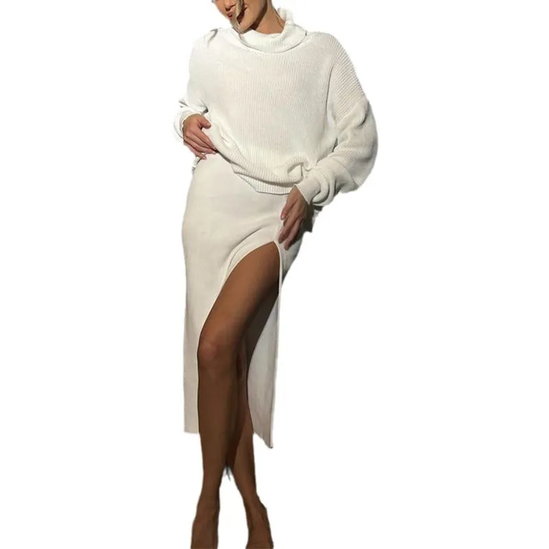 TAVIMART  -  2024 fall fashion trends Autumn and Winter New Fashion Turtleneck Solid Color Fashion Knitted Sexy Split Suit Skirt