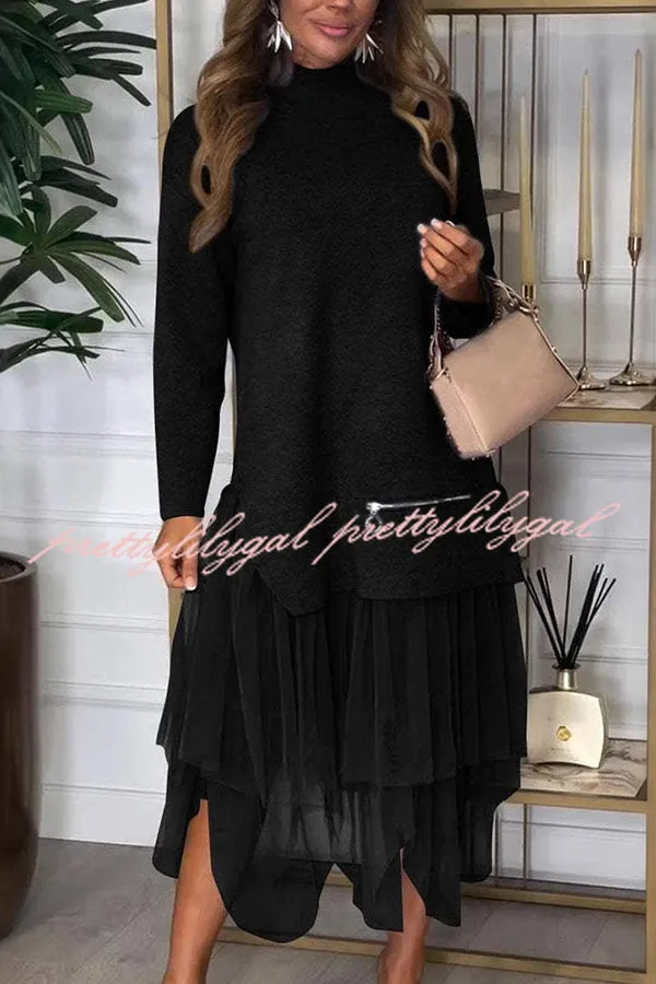 Taylor Knit Turtleneck Zip-up Top and Elastic Waist Tulle Loose Midi Skirt Set