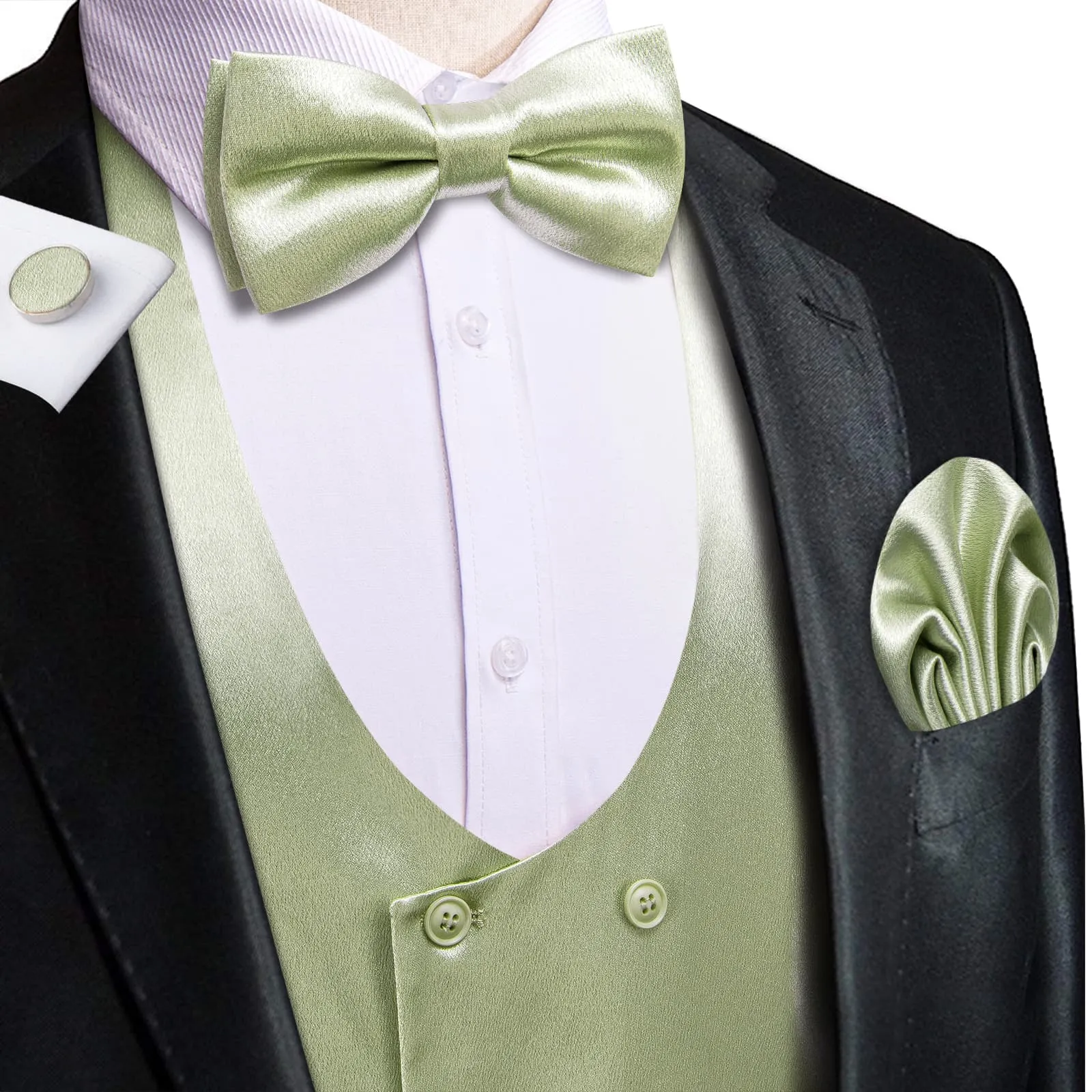 Ties2you Double Breasted Vest Laurel Green Solid Mens Silk Vest Tie Bowtie Set 5PC