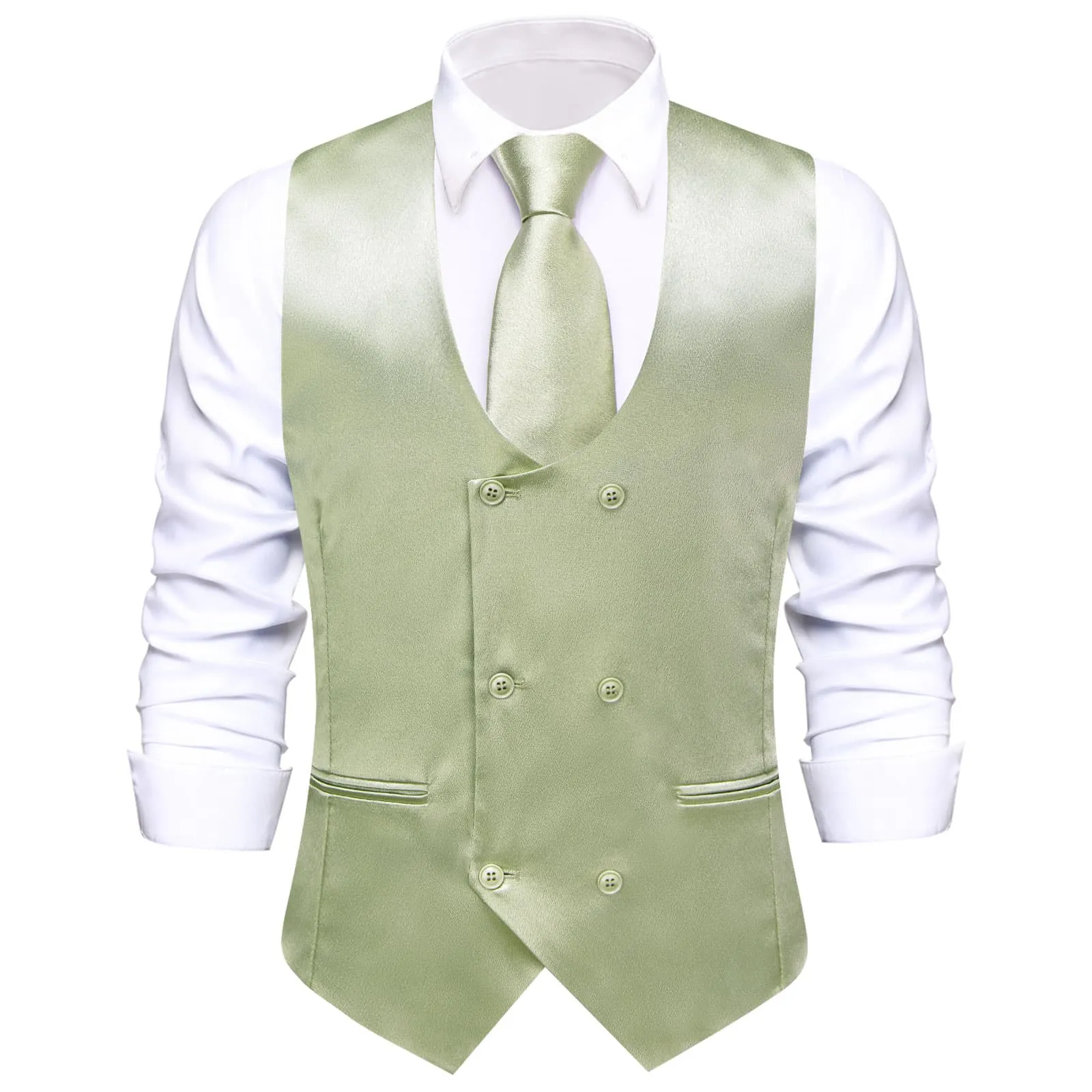 Ties2you Double Breasted Vest Laurel Green Solid Mens Silk Vest Tie Bowtie Set 5PC