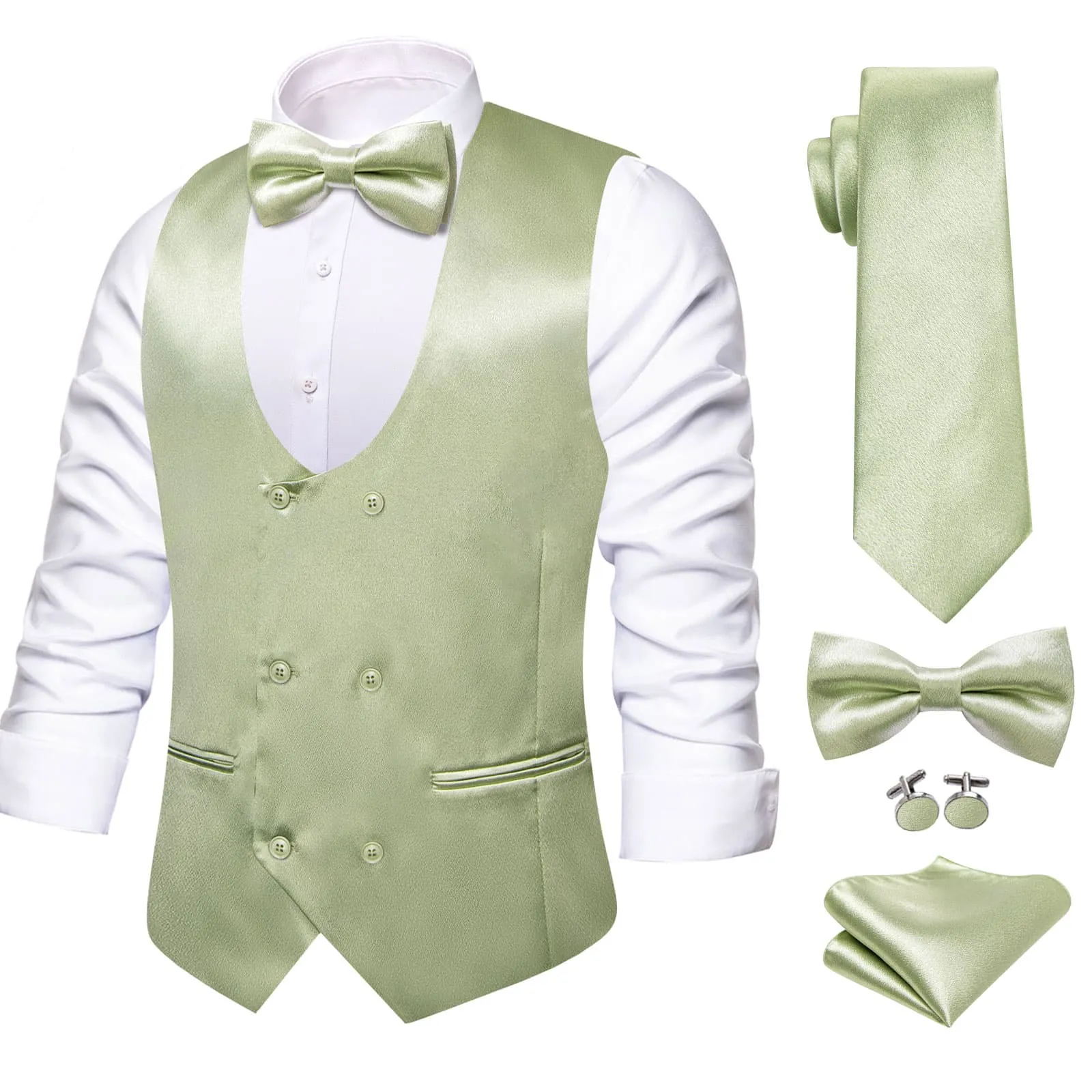 Ties2you Double Breasted Vest Laurel Green Solid Mens Silk Vest Tie Bowtie Set 5PC