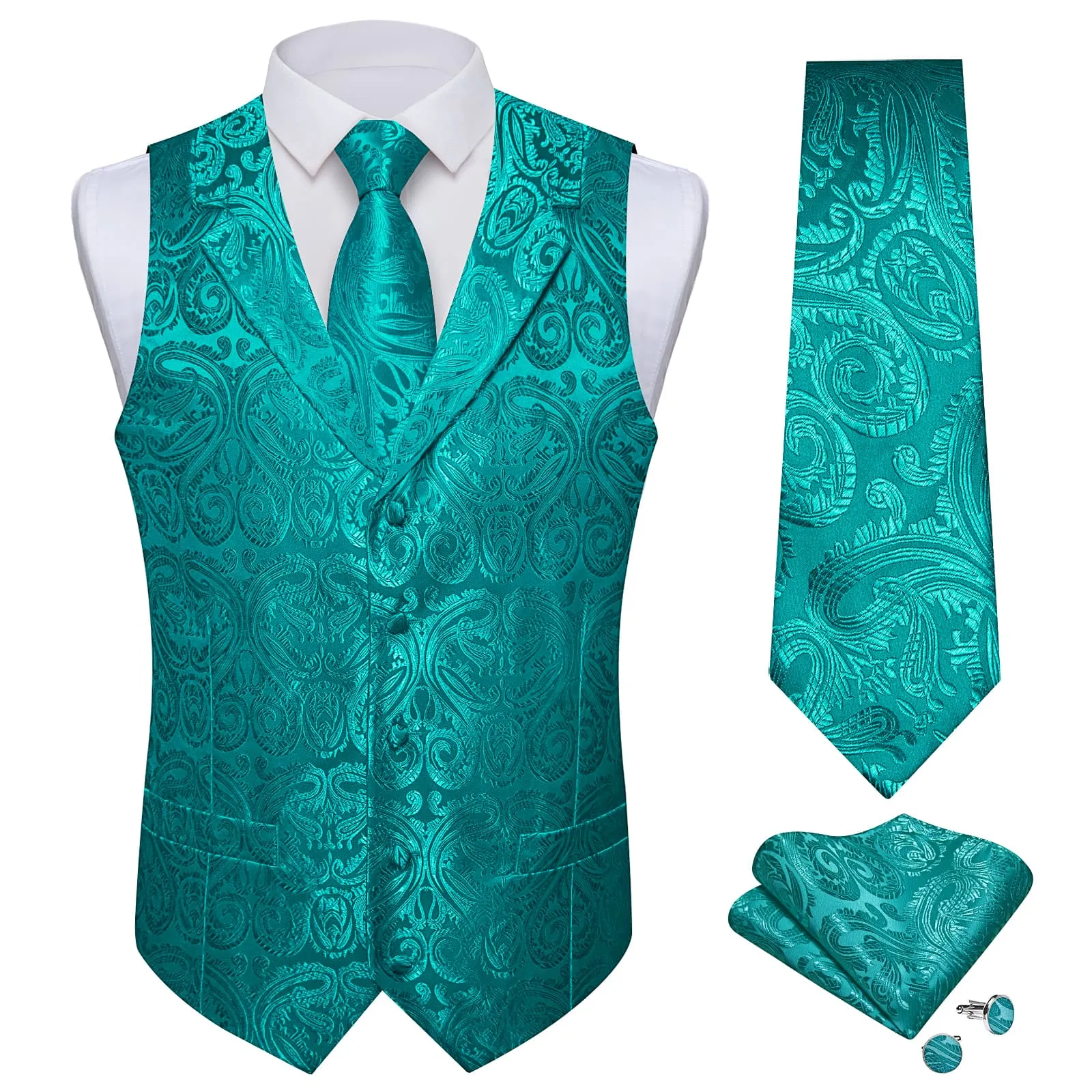 Ties2you Dress Vest Dark Teal Paisley Notched Collar Silk Mens Work Vest Tie Set