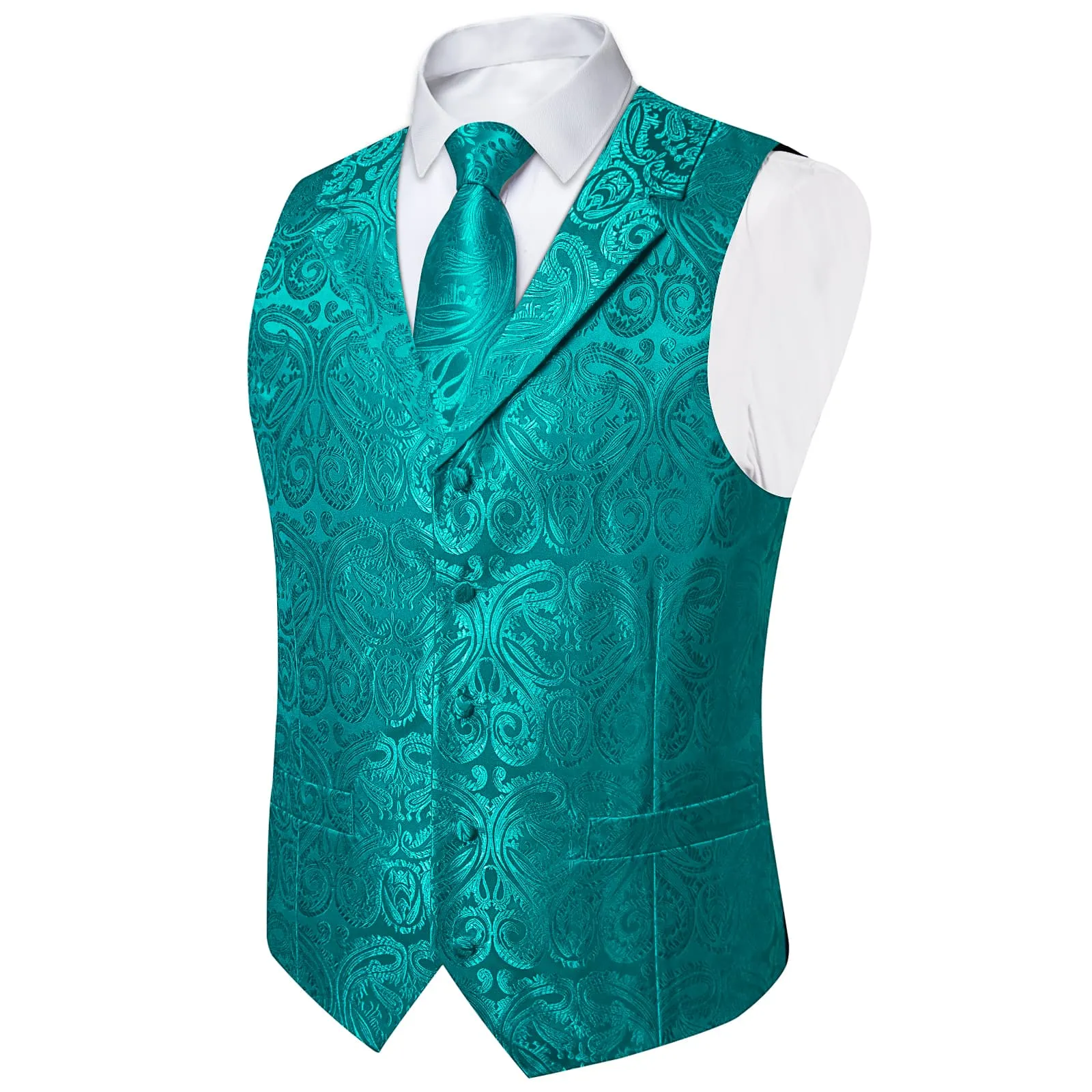 Ties2you Dress Vest Dark Teal Paisley Notched Collar Silk Mens Work Vest Tie Set