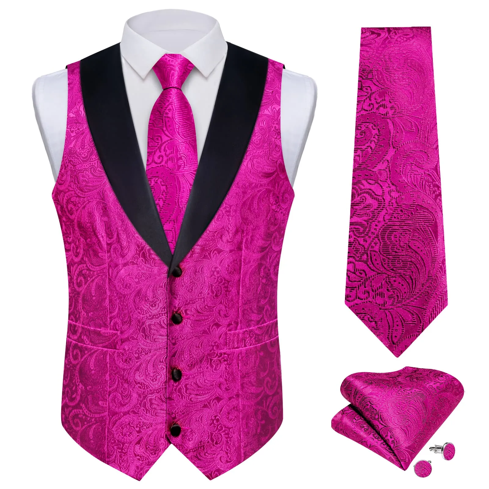 Ties2you Dress Vest Hot Pink Floral Shawl Collar Silk Mens Waistcoat Tie Set