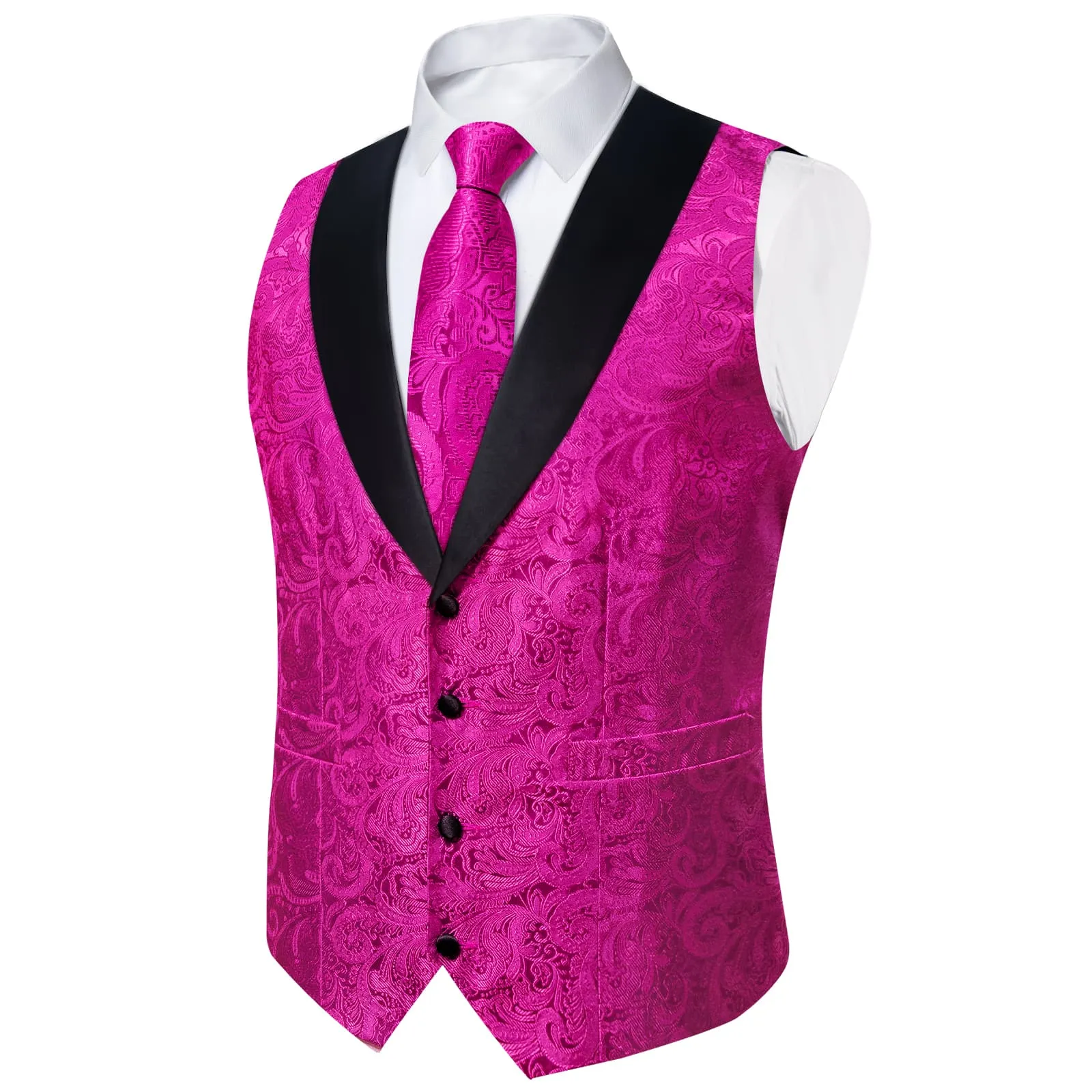 Ties2you Dress Vest Hot Pink Floral Shawl Collar Silk Mens Waistcoat Tie Set