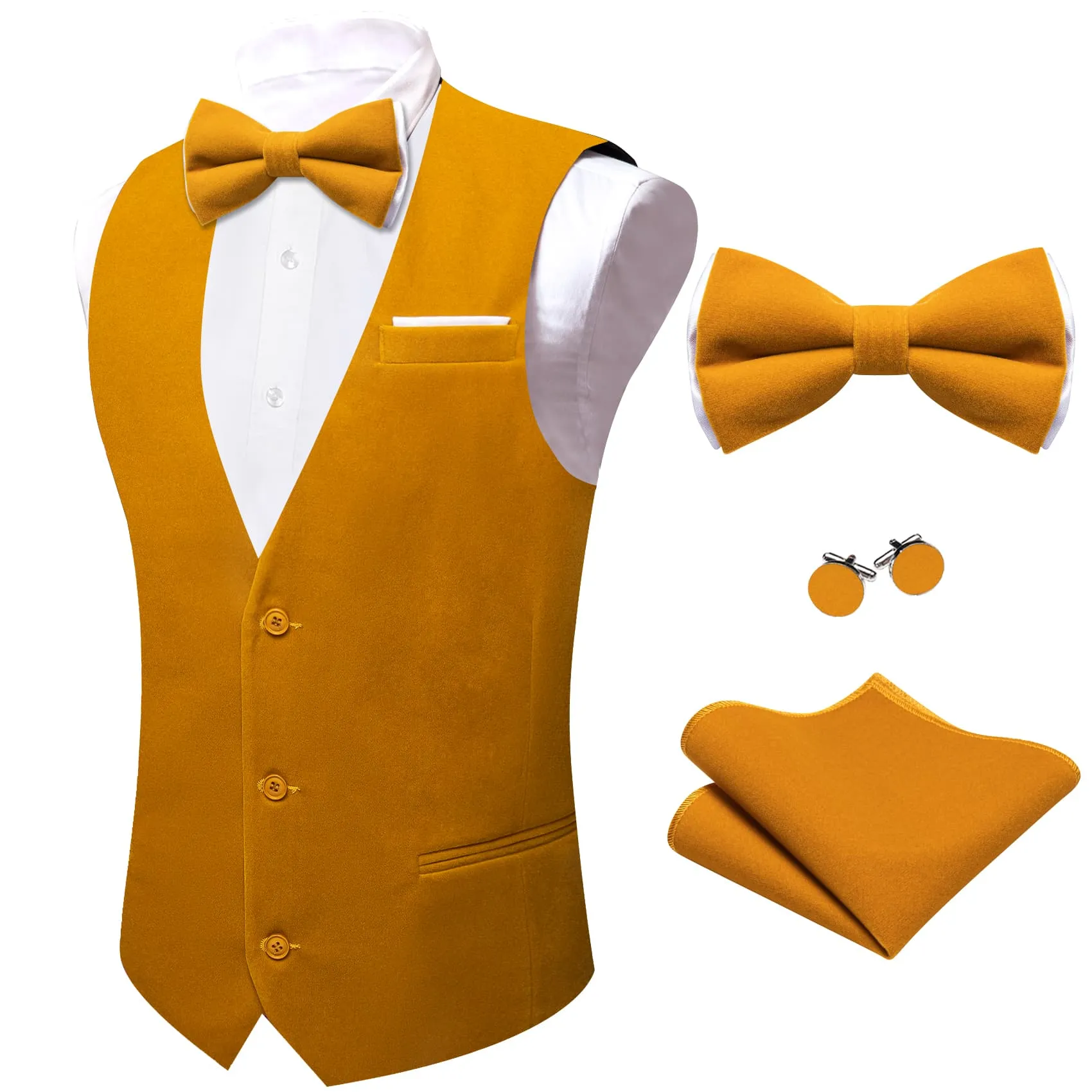 Ties2you Dress Vest Ochre Yellow Solid V-Neck Waistcoat Mens Suede Leather Vest Bow Tie Set