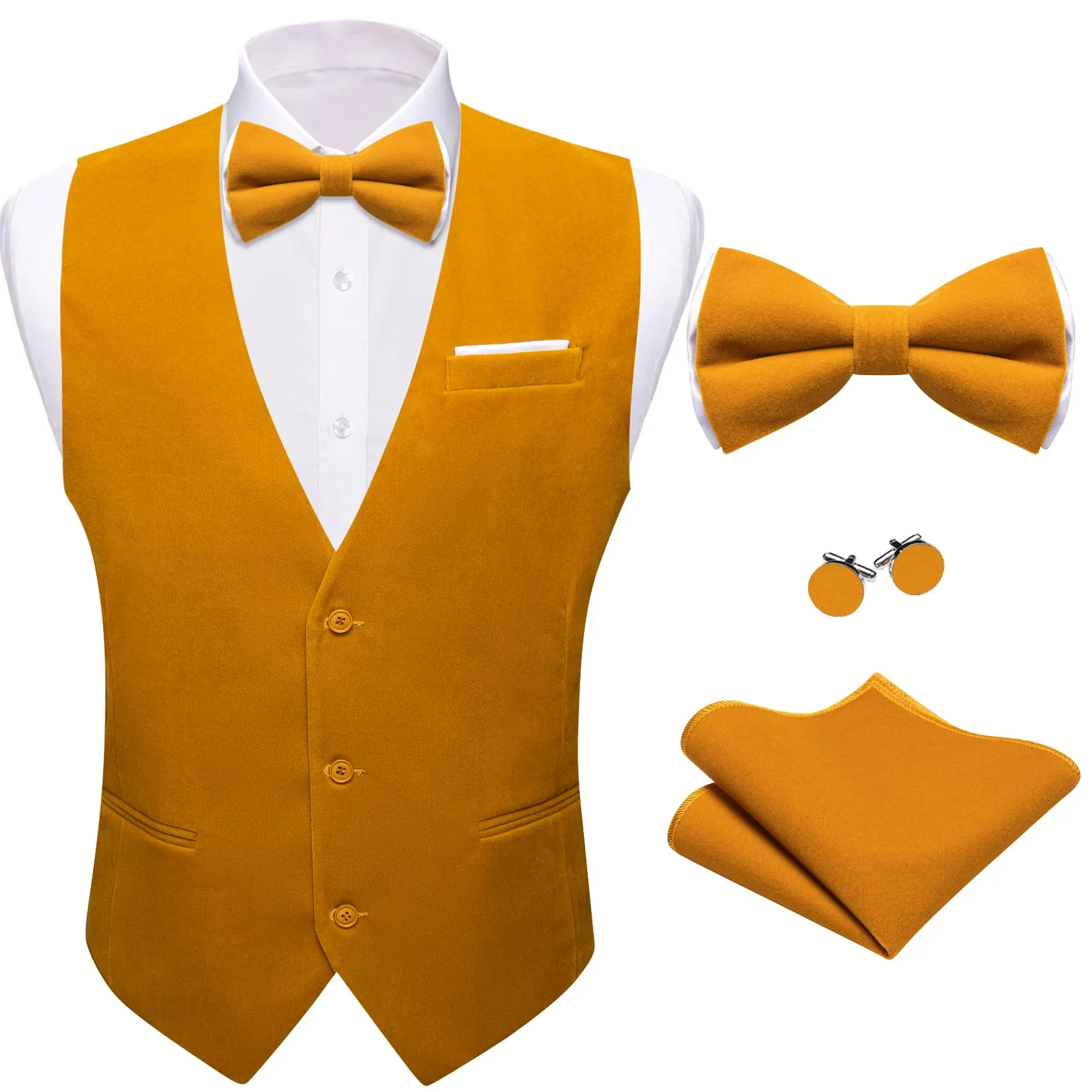 Ties2you Dress Vest Ochre Yellow Solid V-Neck Waistcoat Mens Suede Leather Vest Bow Tie Set