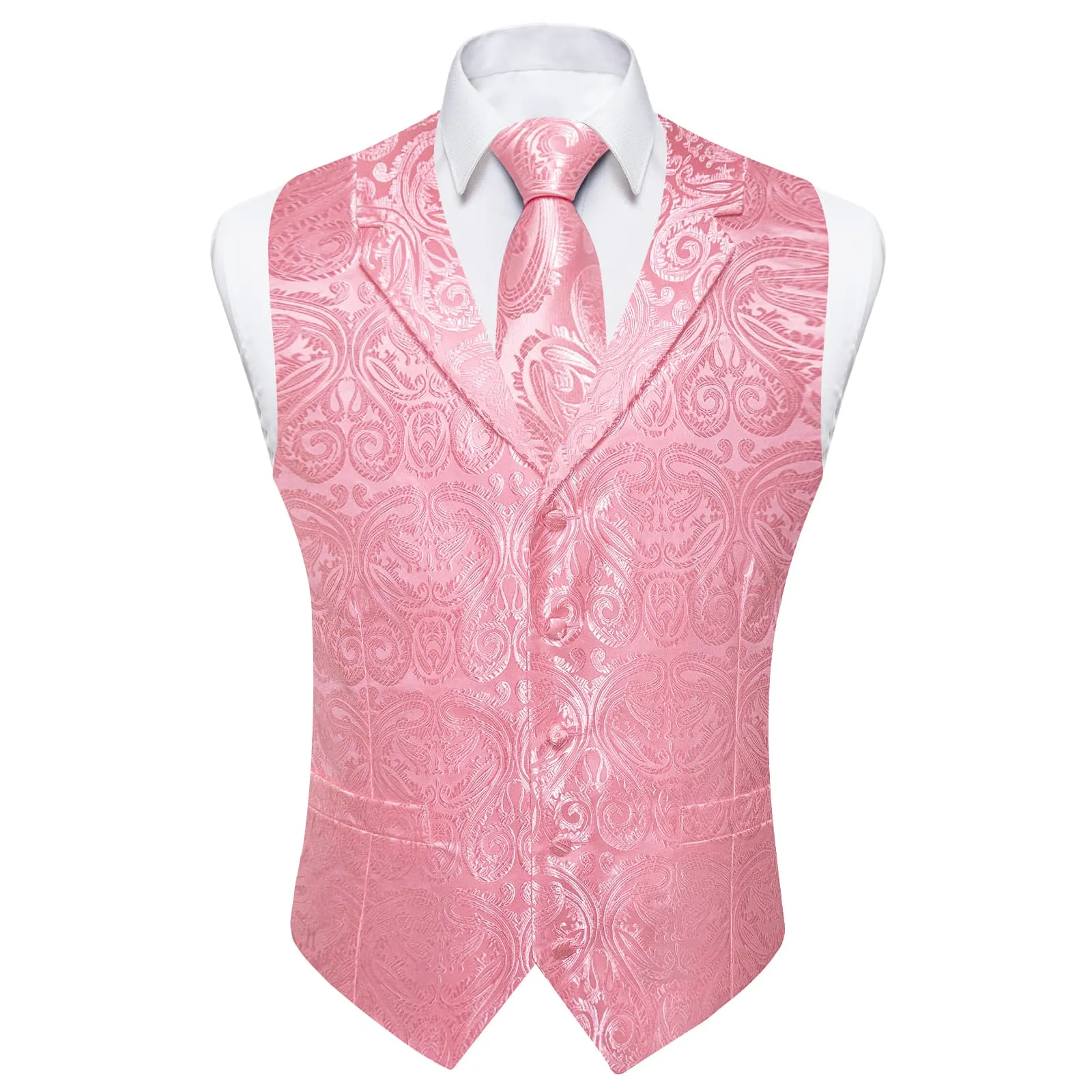 Ties2you Dress Vest Rose Pink Paisley Notched Collar Silk Mens Work Vest Tie Set