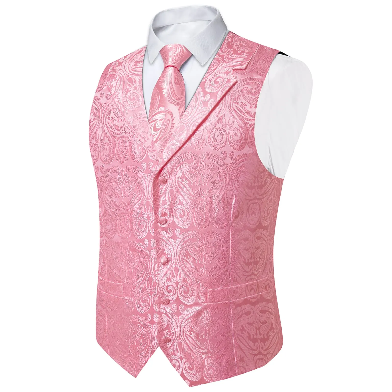 Ties2you Dress Vest Rose Pink Paisley Notched Collar Silk Mens Work Vest Tie Set