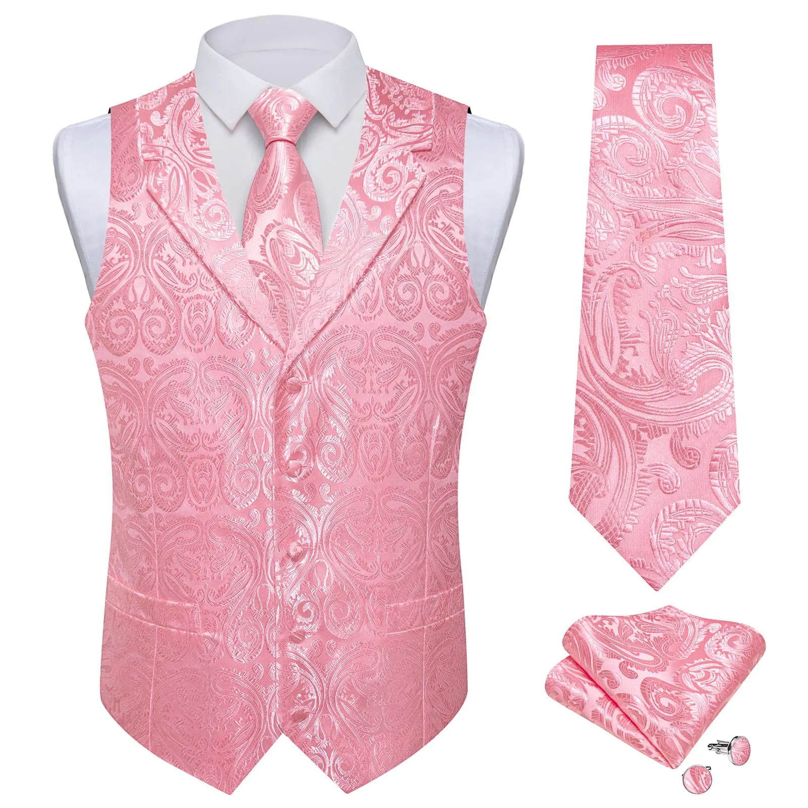 Ties2you Dress Vest Rose Pink Paisley Notched Collar Silk Mens Work Vest Tie Set