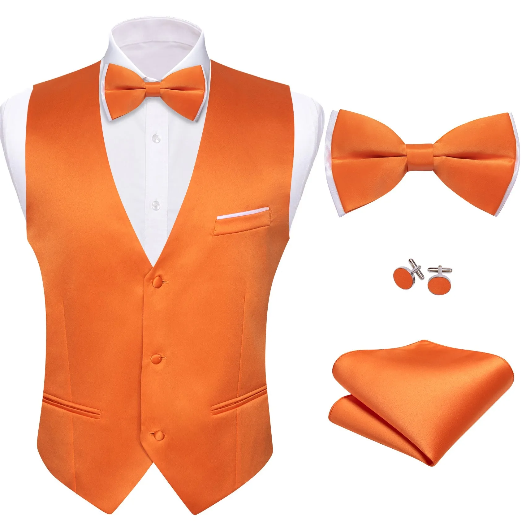 Ties2you Men's Vest Orange Solid Silk Vest Bow Tie Set Waistcoat Suit Set