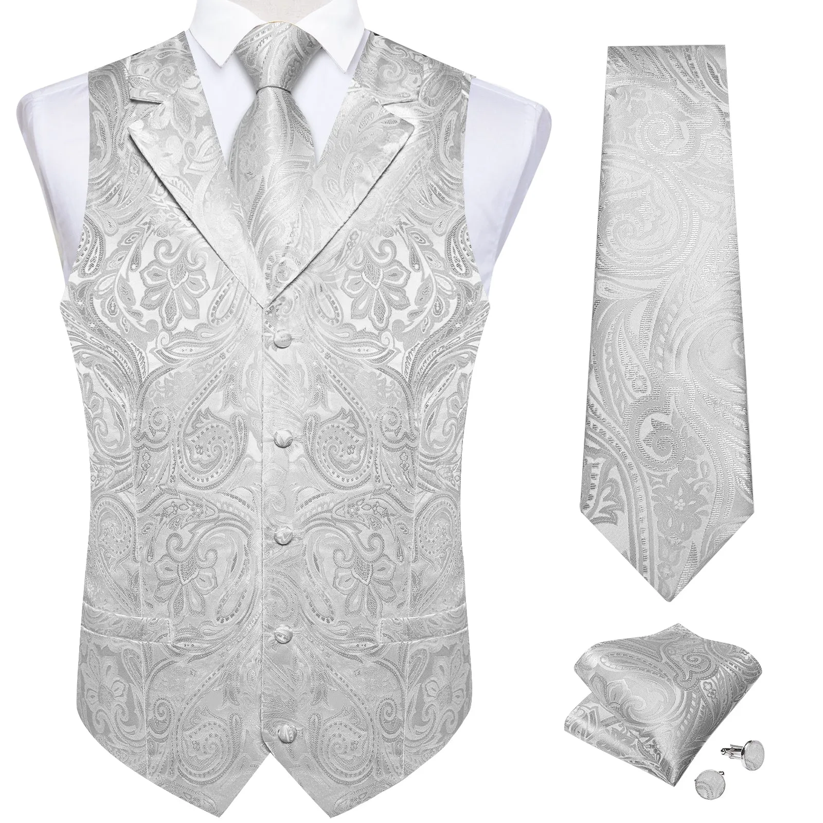 Ties2you Mens Vest Silver Paisley Vest Tie Hanky Cufflinks Set Waistcoat Suit Set