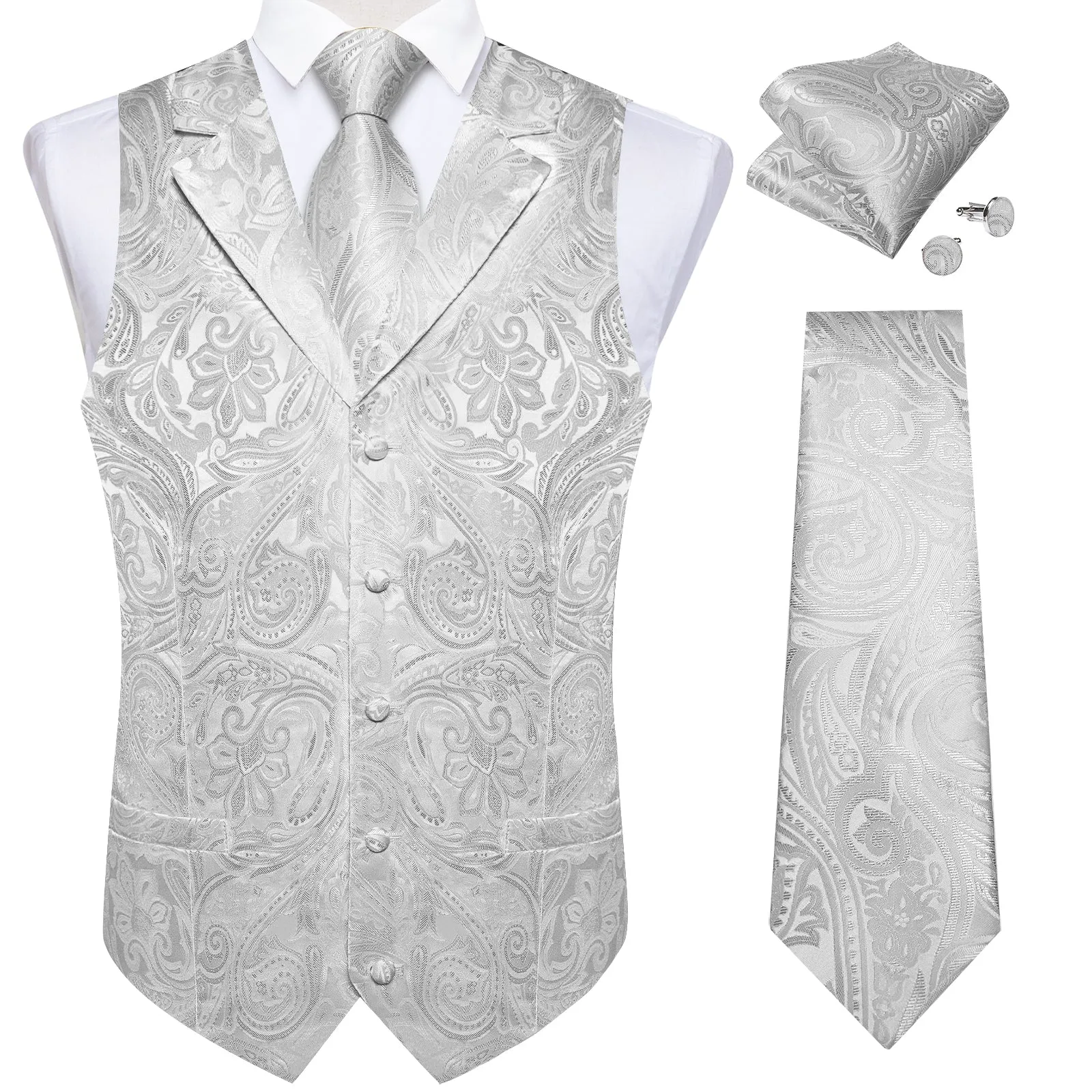 Ties2you Mens Vest Silver Paisley Vest Tie Hanky Cufflinks Set Waistcoat Suit Set