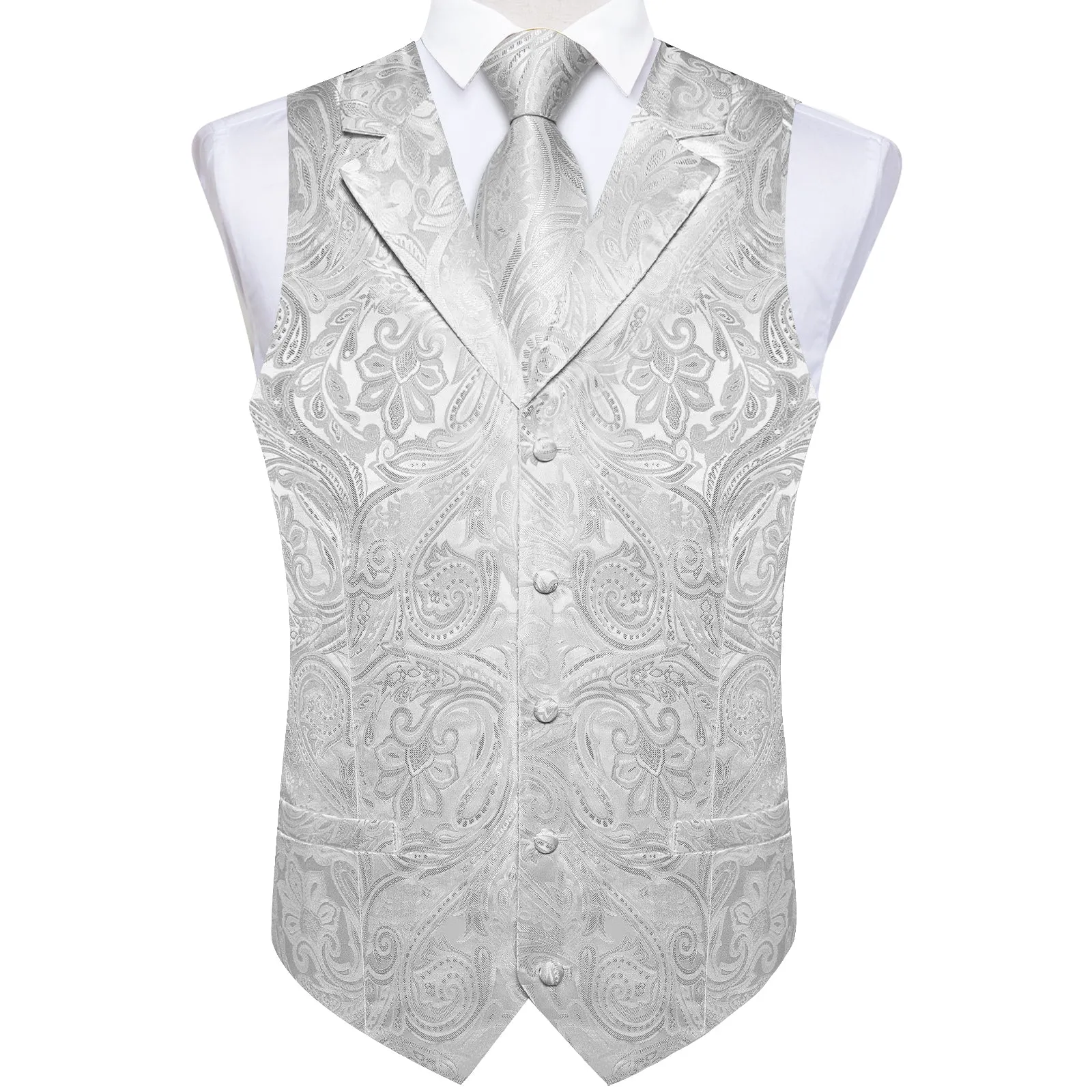 Ties2you Mens Vest Silver Paisley Vest Tie Hanky Cufflinks Set Waistcoat Suit Set