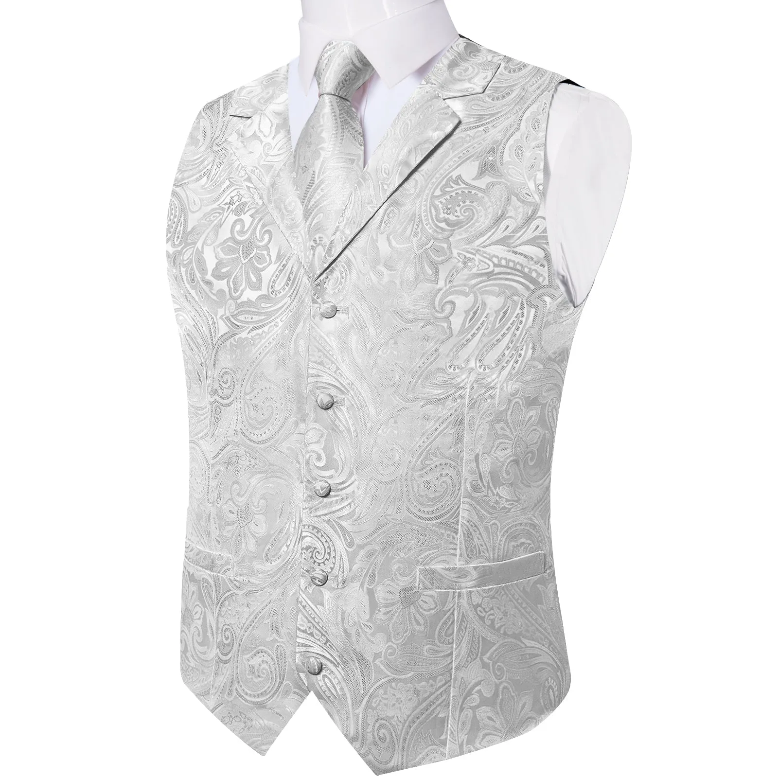 Ties2you Mens Vest Silver Paisley Vest Tie Hanky Cufflinks Set Waistcoat Suit Set