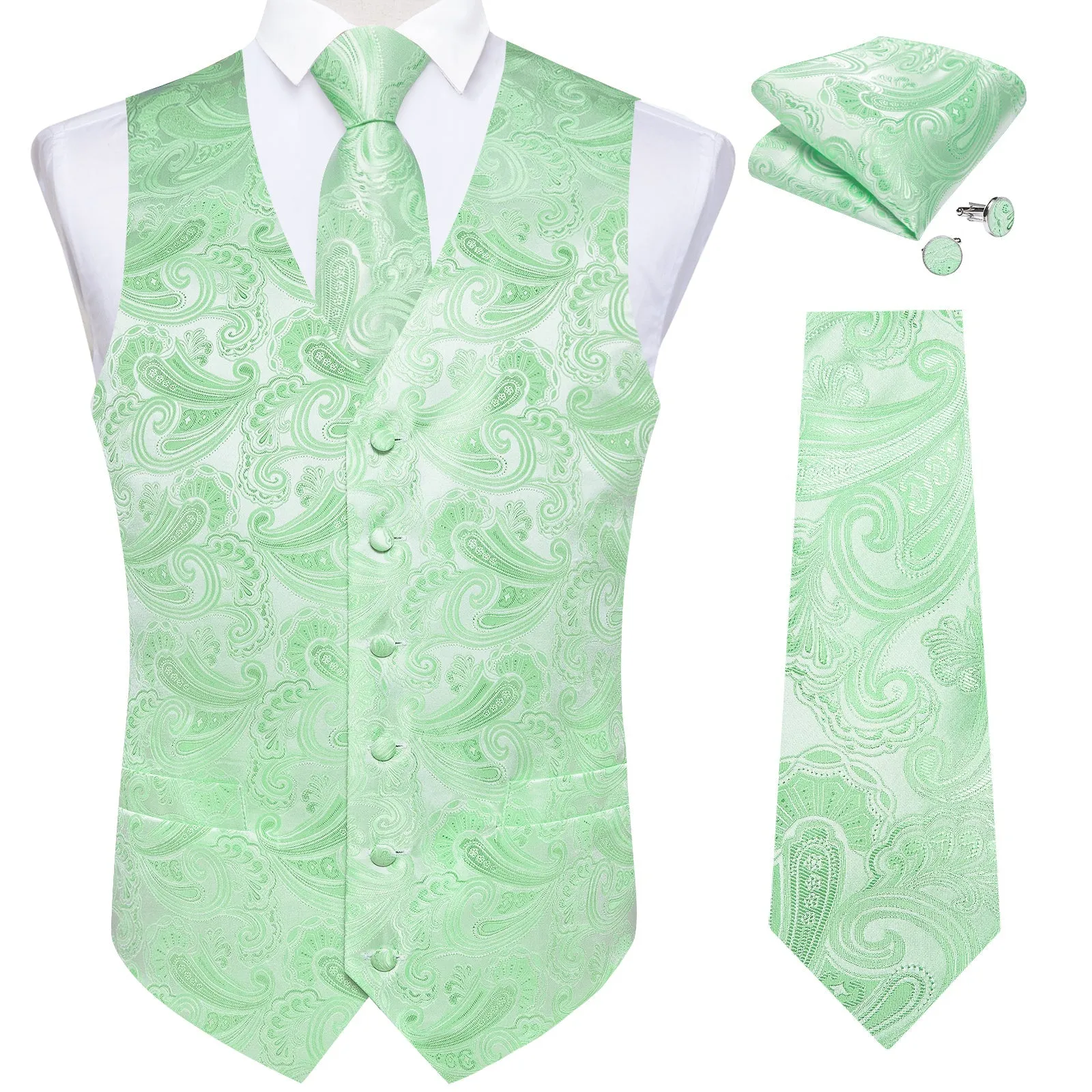 Ties2you V-Neck Vest SeaFoam Green Vest For Men Paisley Men's Vest Tie Set