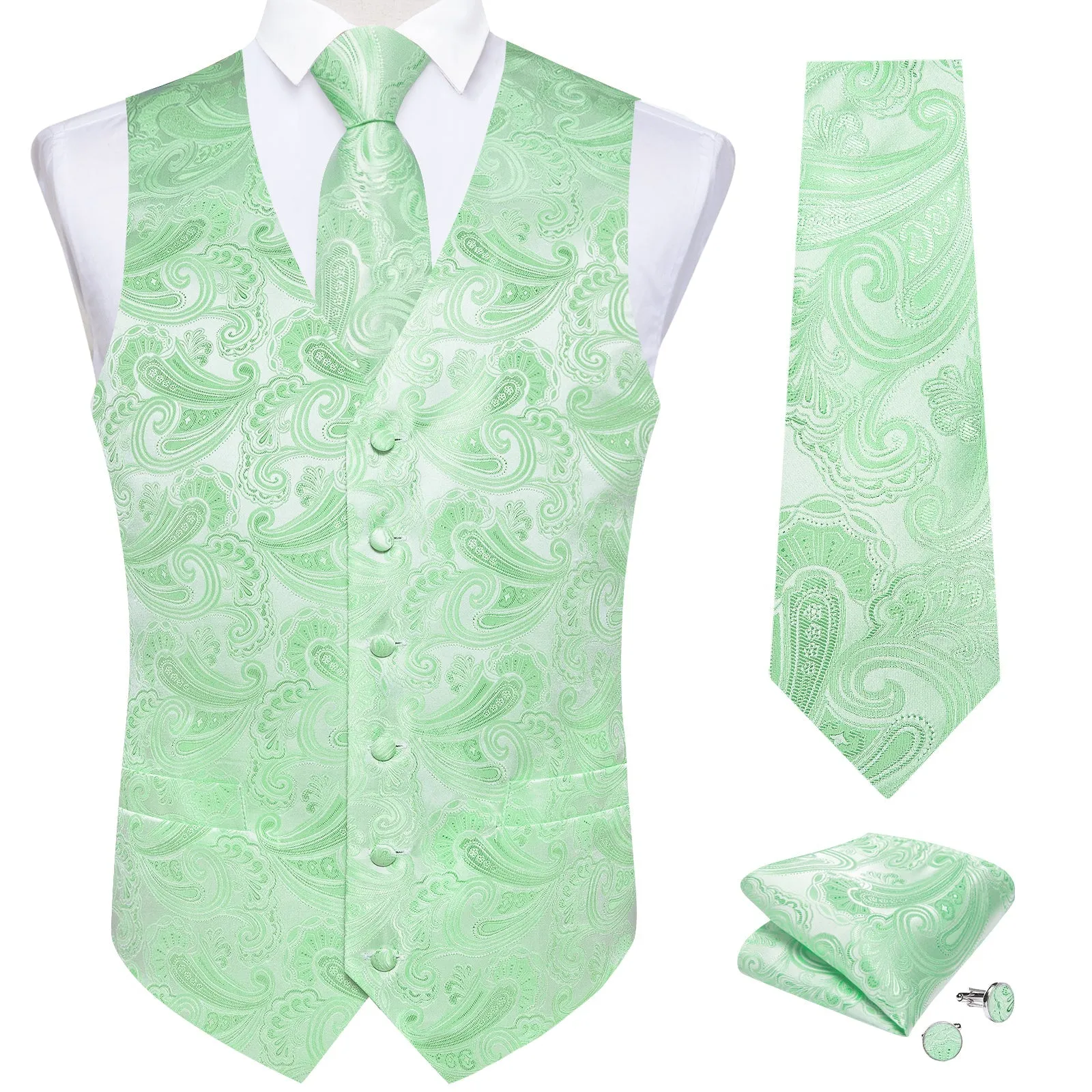 Ties2you V-Neck Vest SeaFoam Green Vest For Men Paisley Men's Vest Tie Set