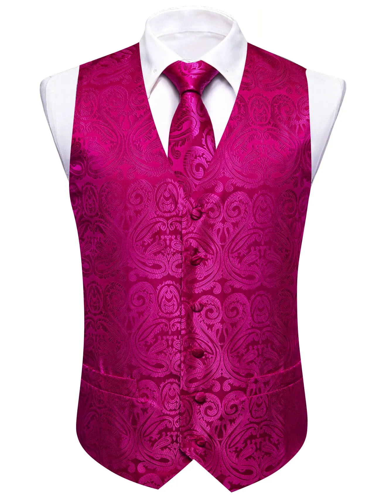 Ties2you Vest for Men Fashion Fuchsia Pink Floral Silk Dress Vest Tie Pocket Square Cufflinks Set