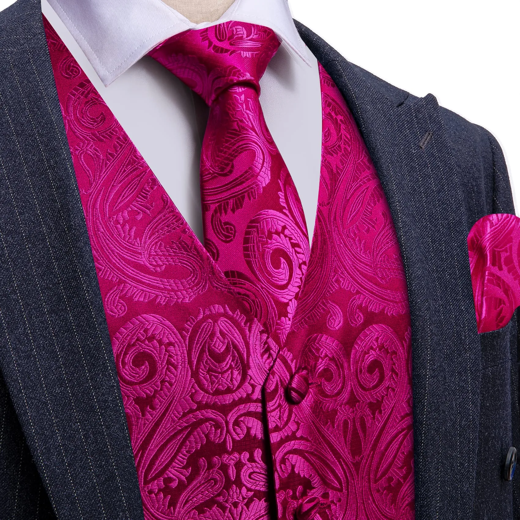 Ties2you Vest for Men Fashion Fuchsia Pink Floral Silk Dress Vest Tie Pocket Square Cufflinks Set