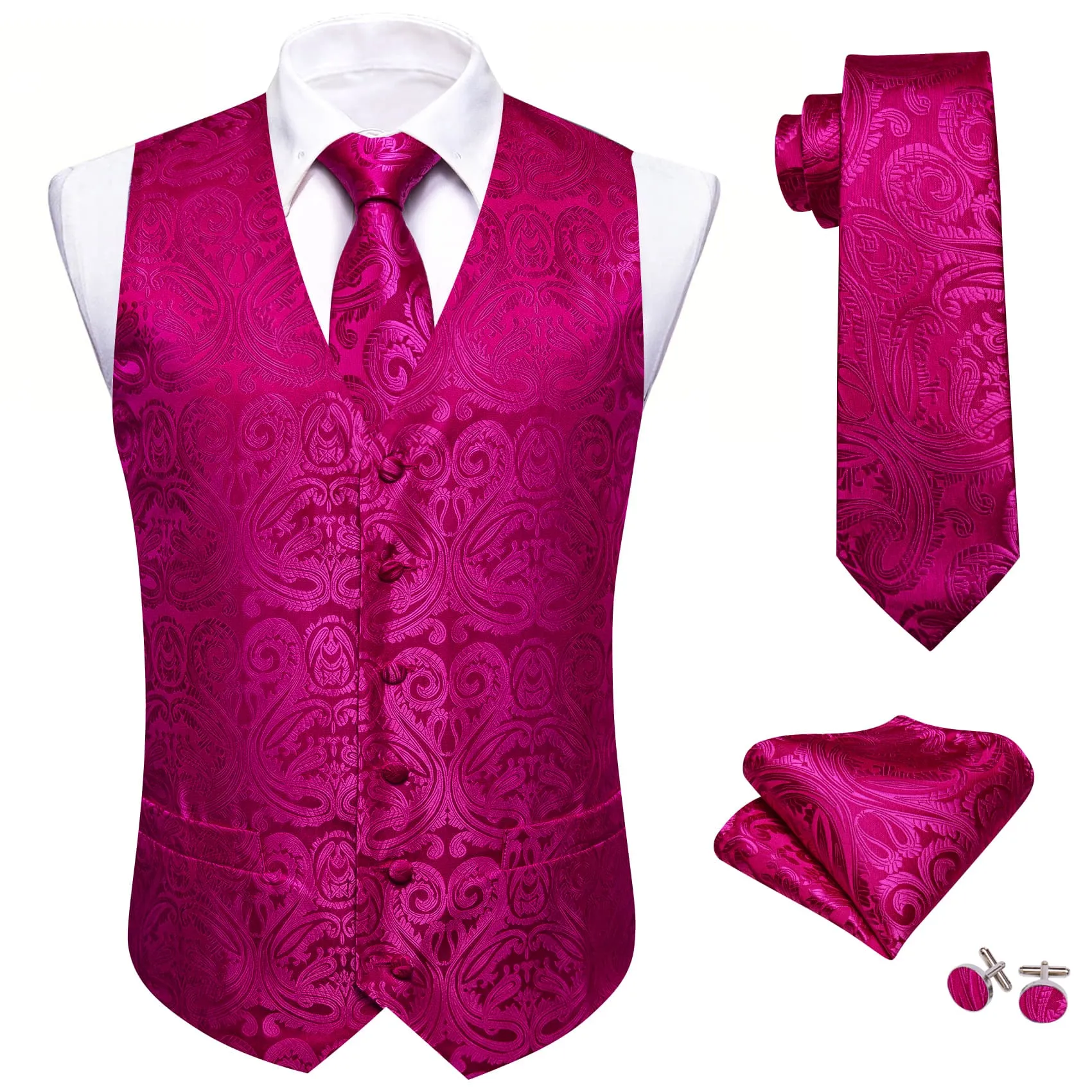 Ties2you Vest for Men Fashion Fuchsia Pink Floral Silk Dress Vest Tie Pocket Square Cufflinks Set