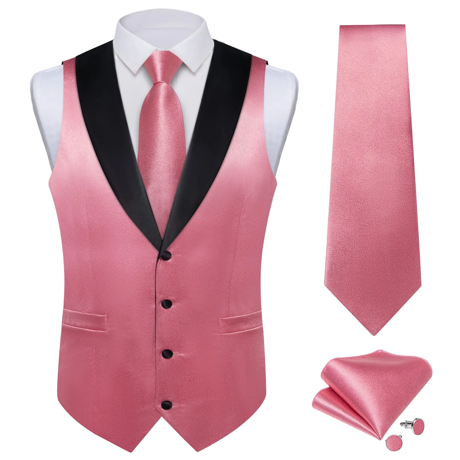 Ties2you Work Vest Ruddy Pink Solid Shawl Collar Silk Dress Vest Tie Set for Wedding