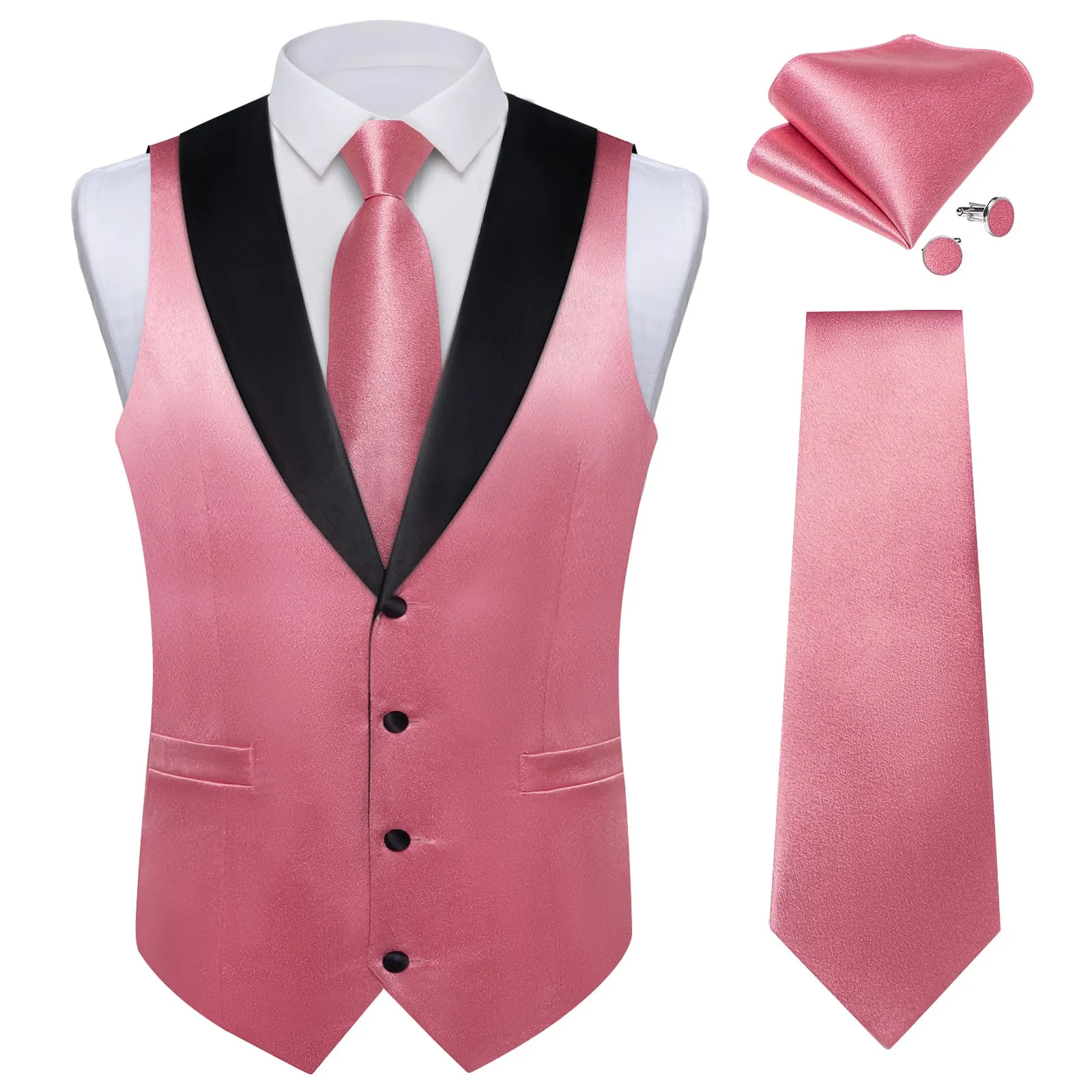 Ties2you Work Vest Ruddy Pink Solid Shawl Collar Silk Dress Vest Tie Set for Wedding