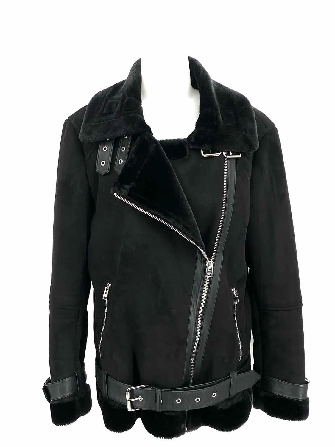 Topshop Women's Black Faux Shearling Moto Size 6 Jacket