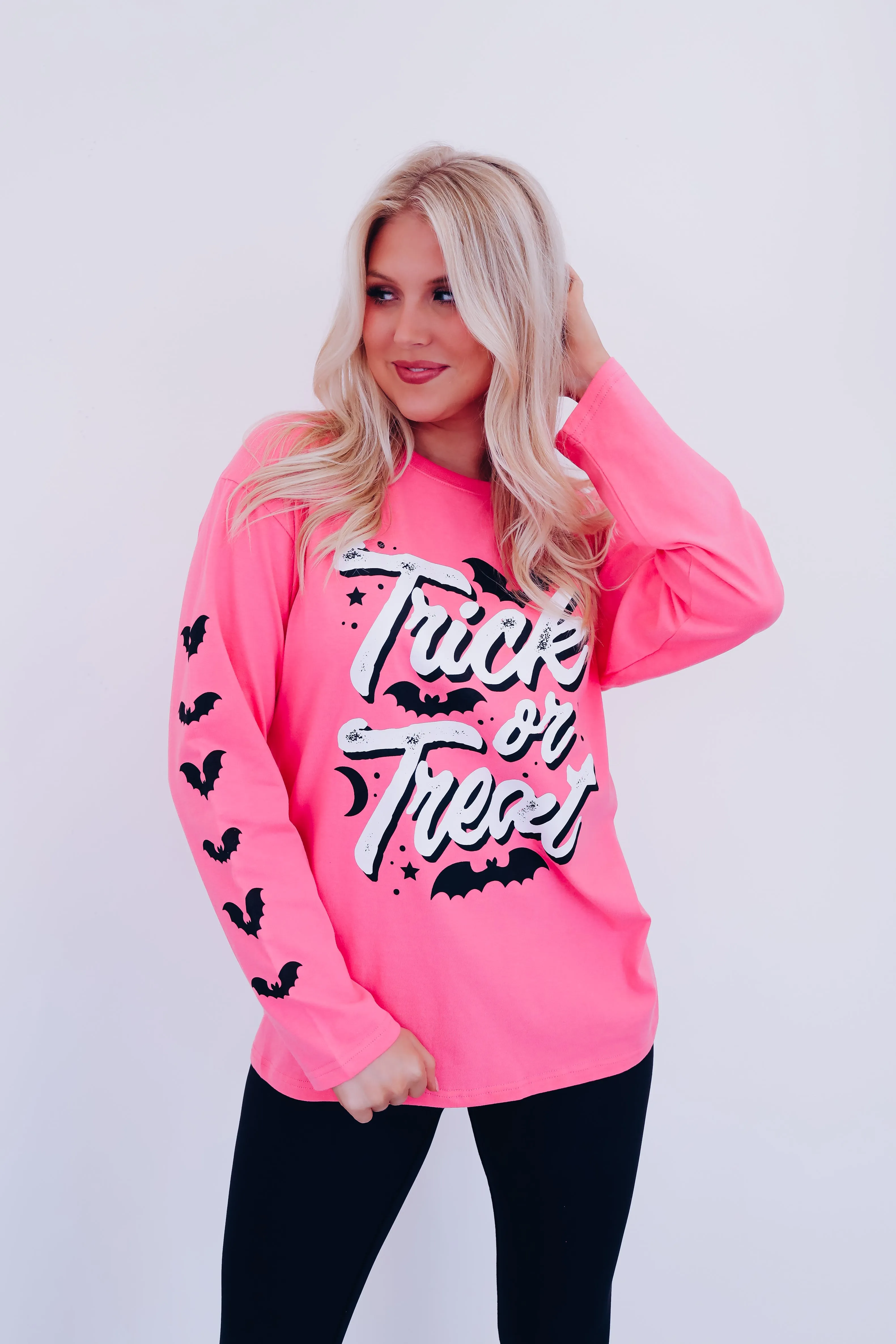 Trick Or Treat Bat Graphic Tee - Pink