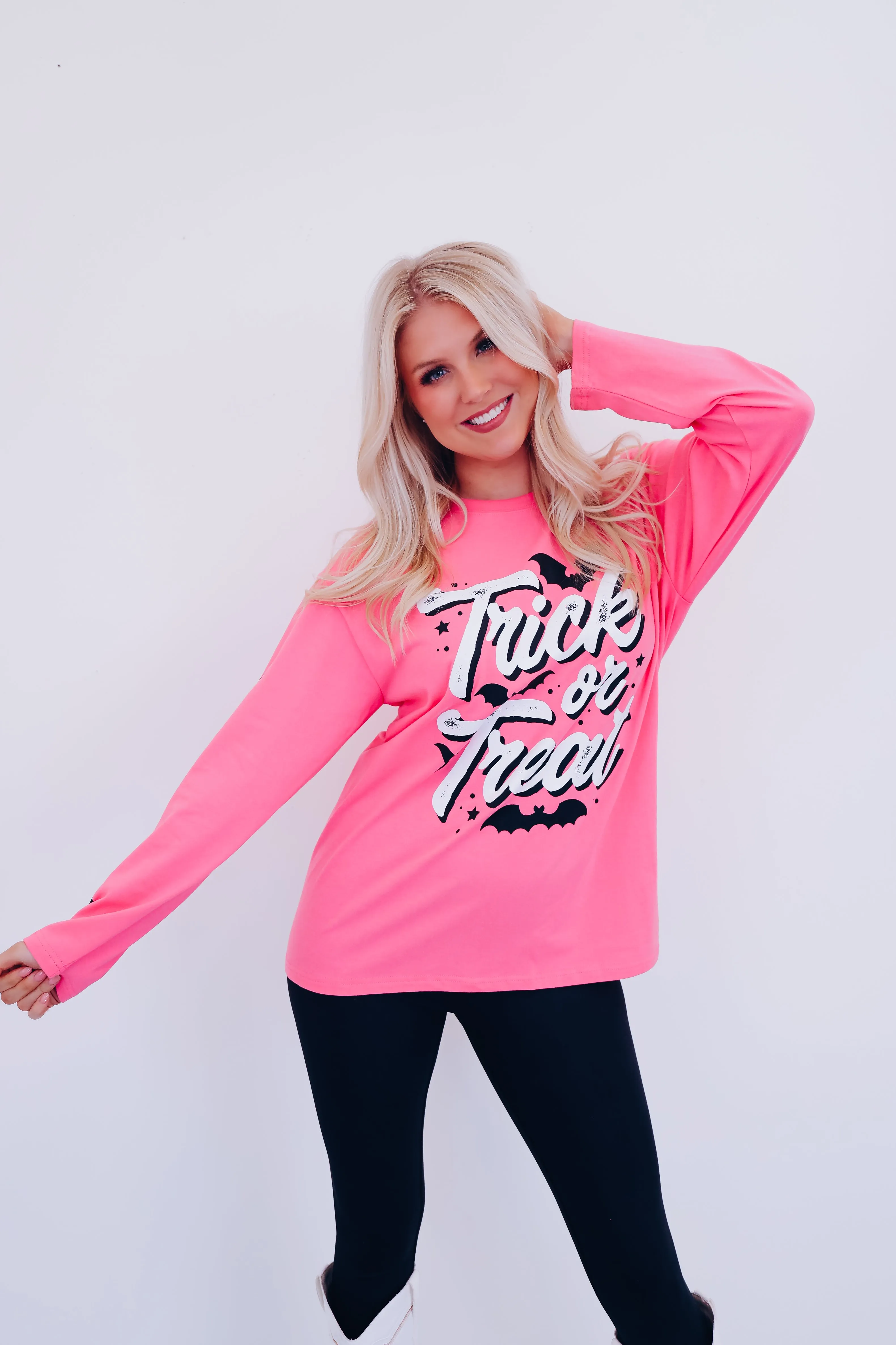 Trick Or Treat Bat Graphic Tee - Pink