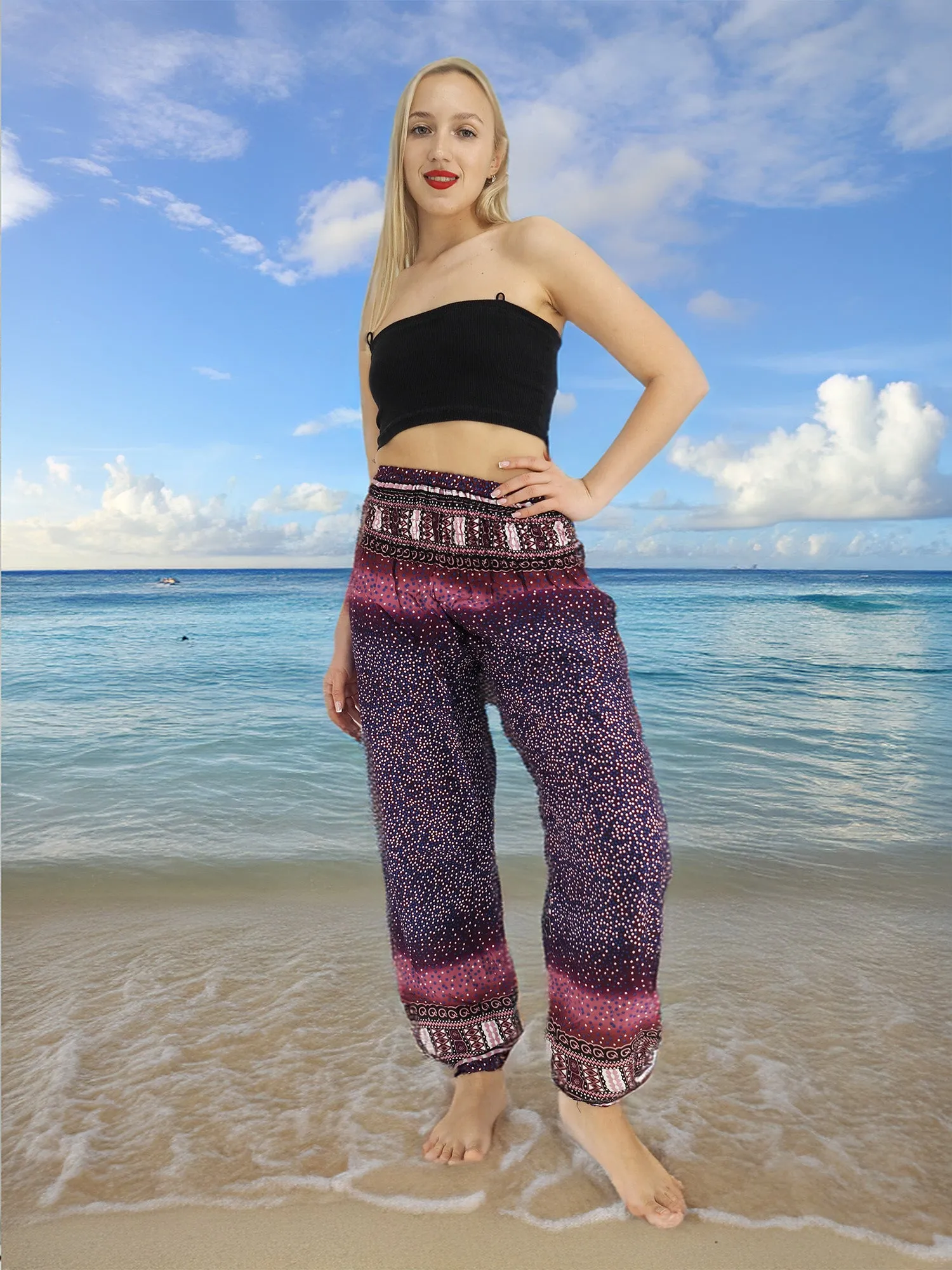 Unisex Harem Yoga Hippie Boho Pants in Purple With Pink Print M