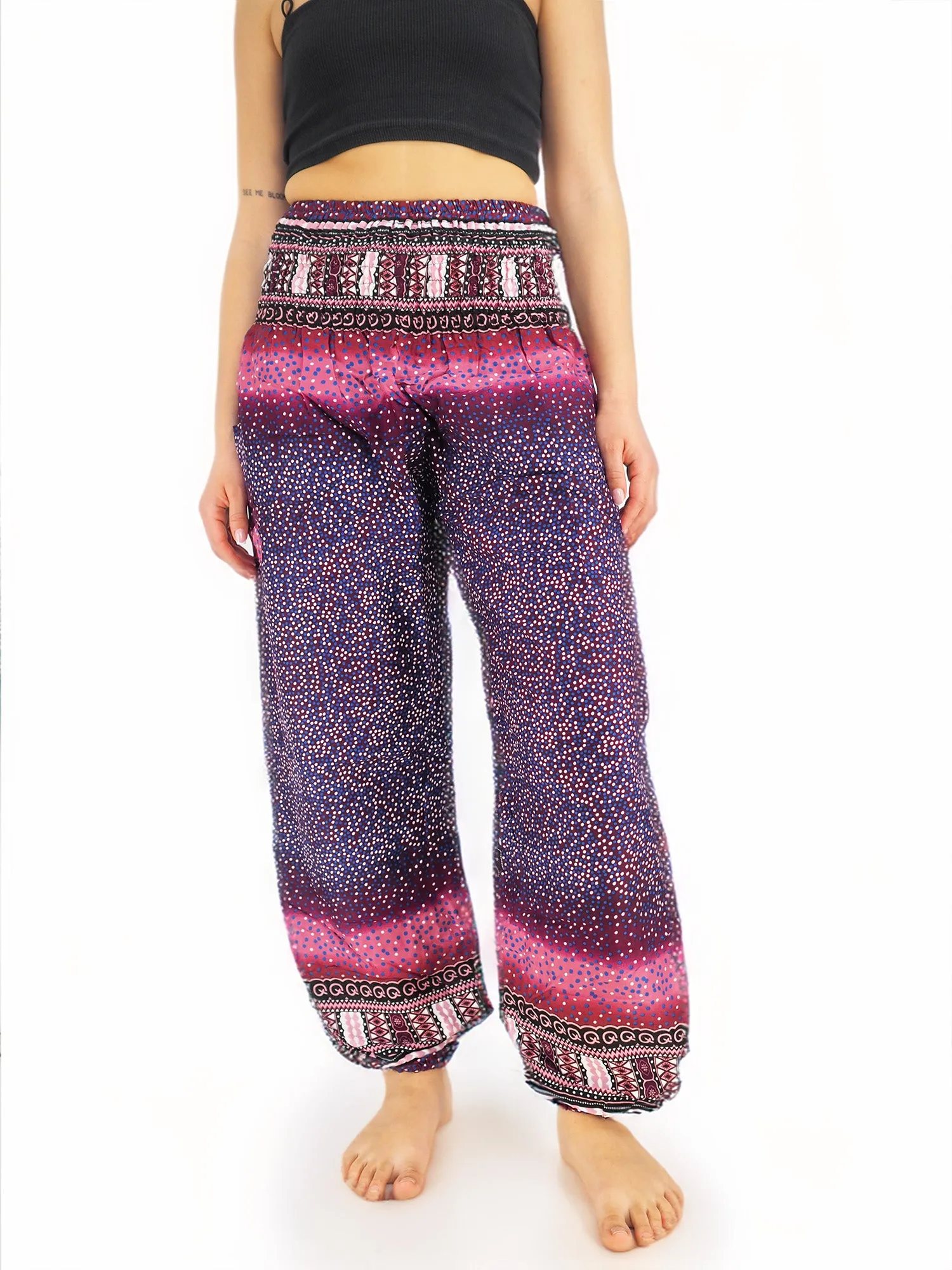 Unisex Harem Yoga Hippie Boho Pants in Purple With Pink Print M