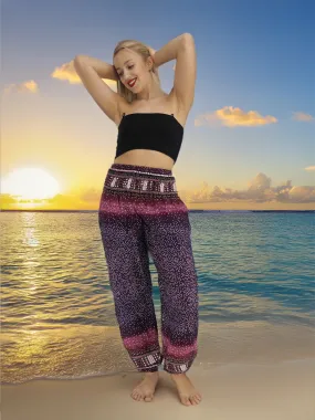 Unisex Harem Yoga Hippie Boho Pants in Purple With Pink Print M