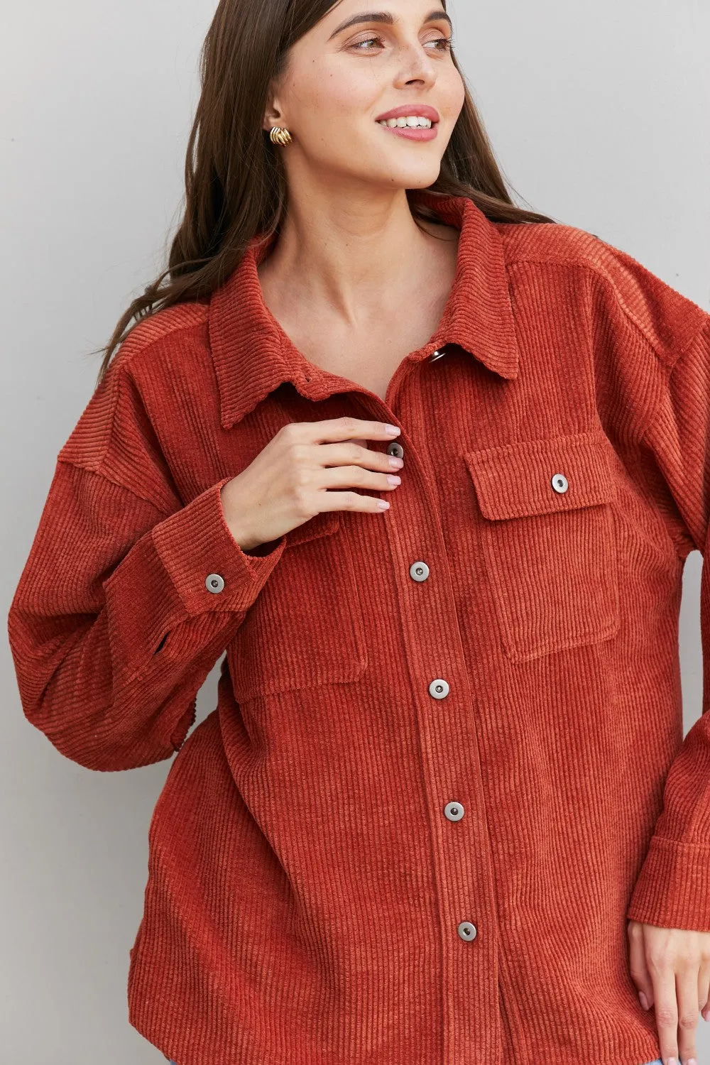 Very J Hem Detail Button-Up Corduroy Shacket