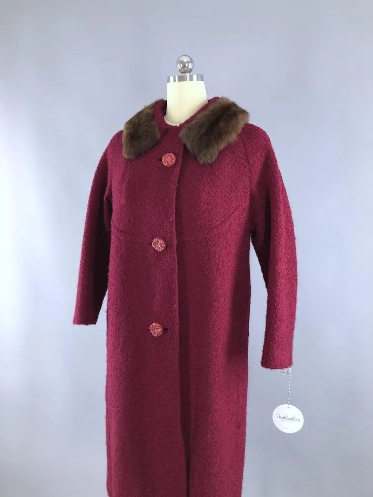 Vintage 1960s Red Winter Coat with Brown Mink Fur Collar