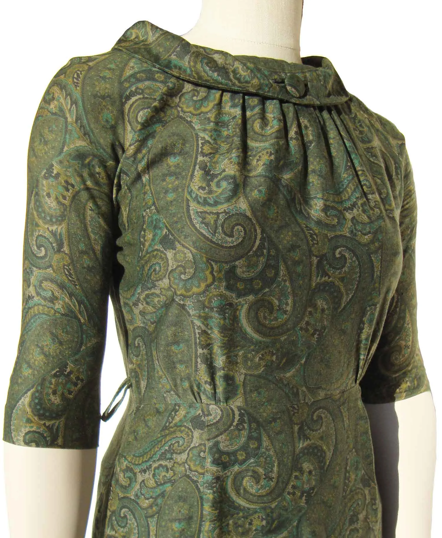 Vintage 60s Olive Green Paisley Sheath Dress S