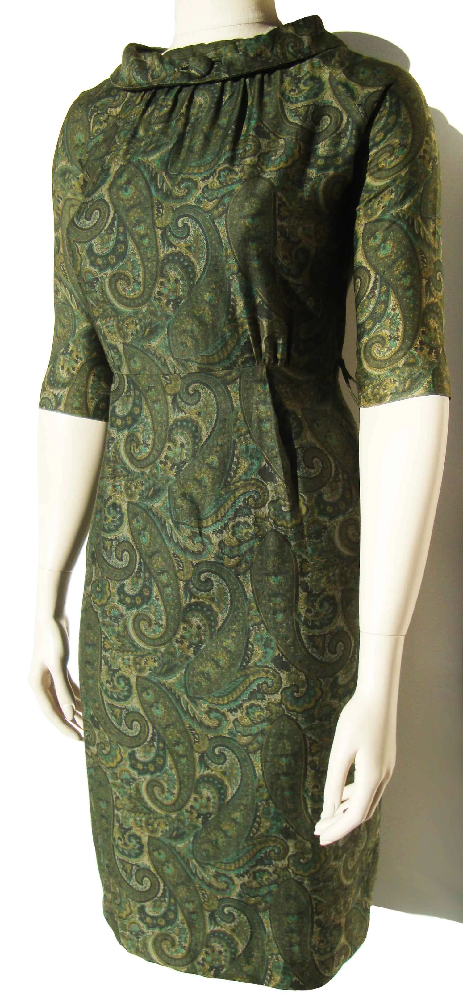 Vintage 60s Olive Green Paisley Sheath Dress S