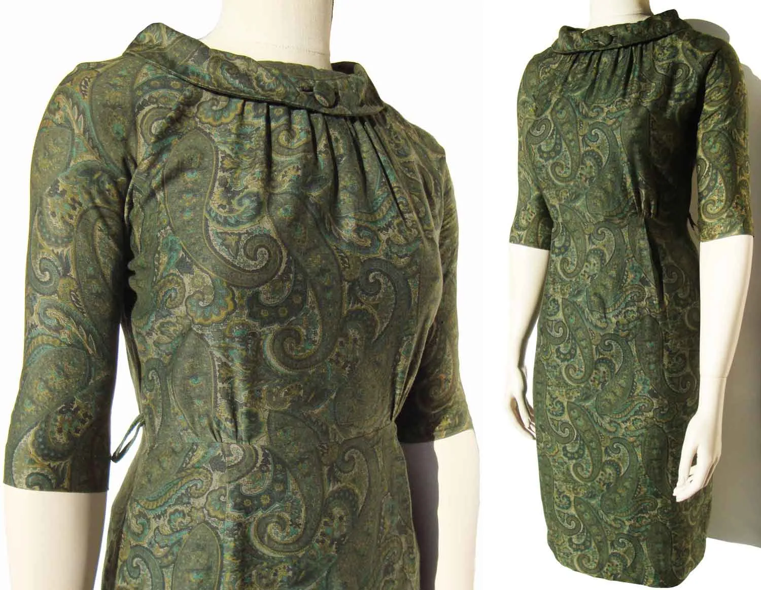 Vintage 60s Olive Green Paisley Sheath Dress S