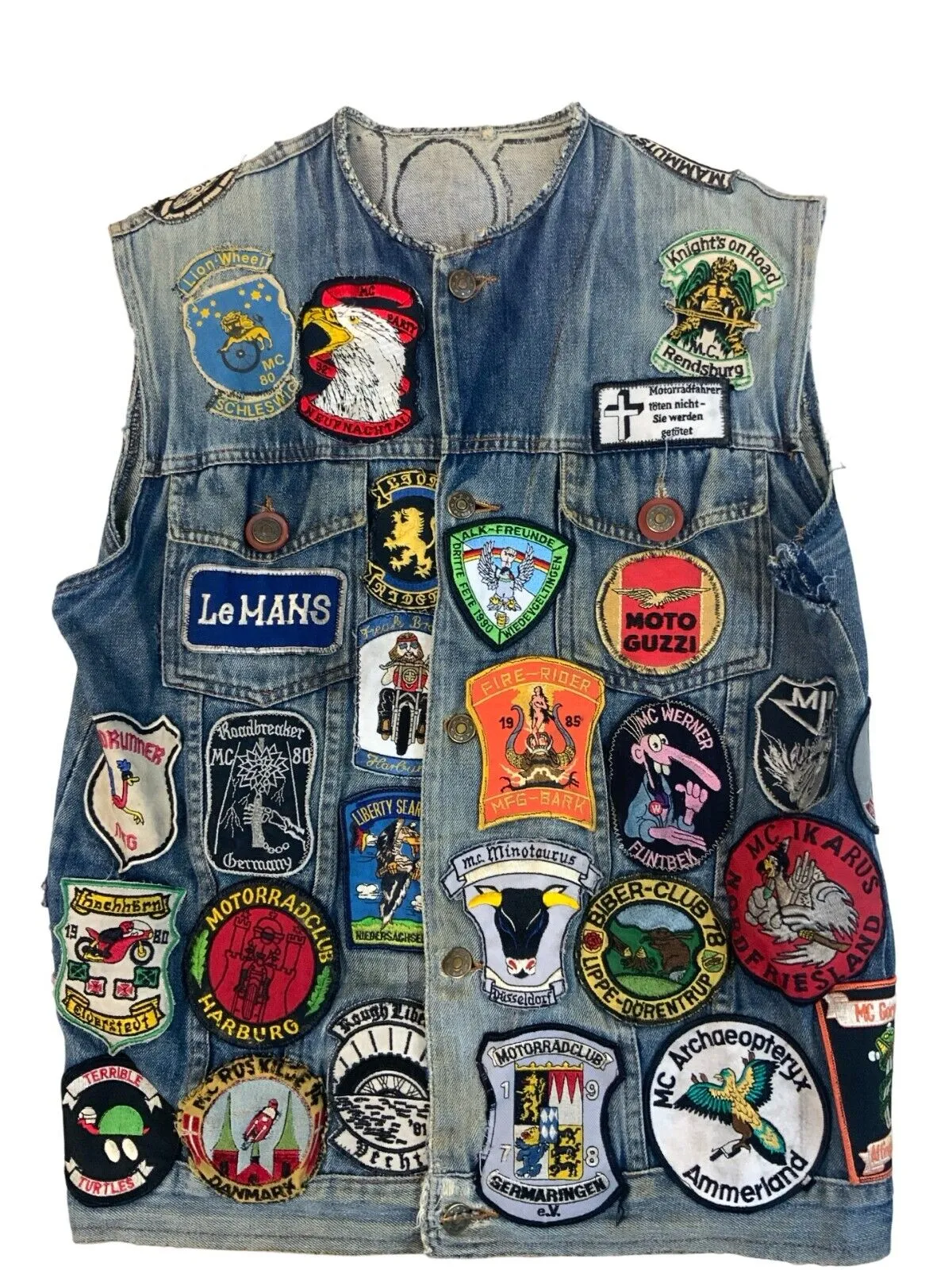 VTG 70s DENIM CUT JACKET RARE BIKER PATCHES 50X COLLECTION 70S 80S GERMANY S 38”