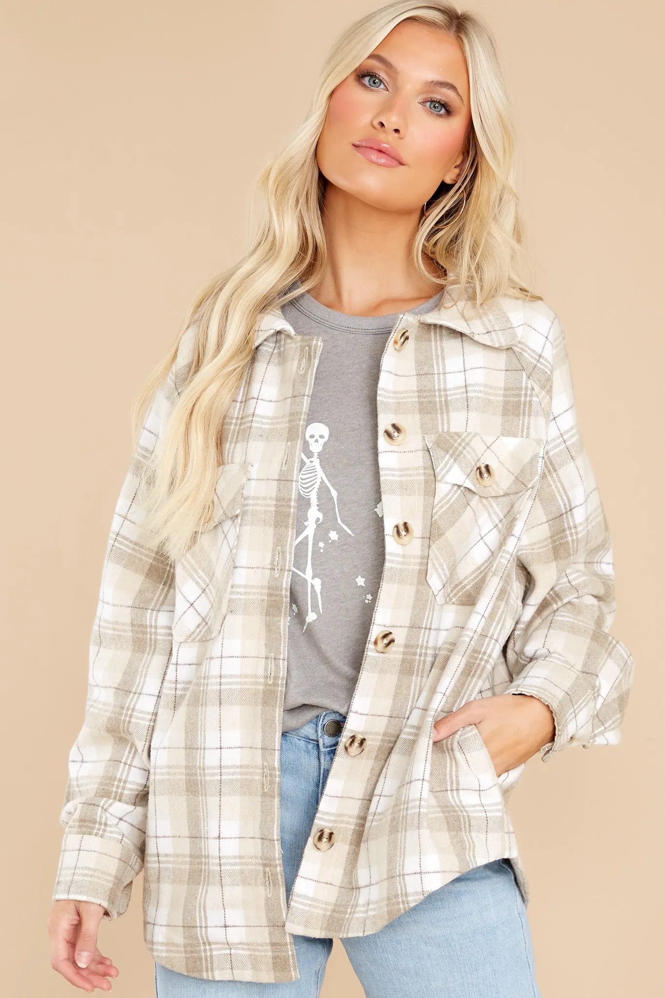 Warmhearted Cozy Beige Plaid Shacket