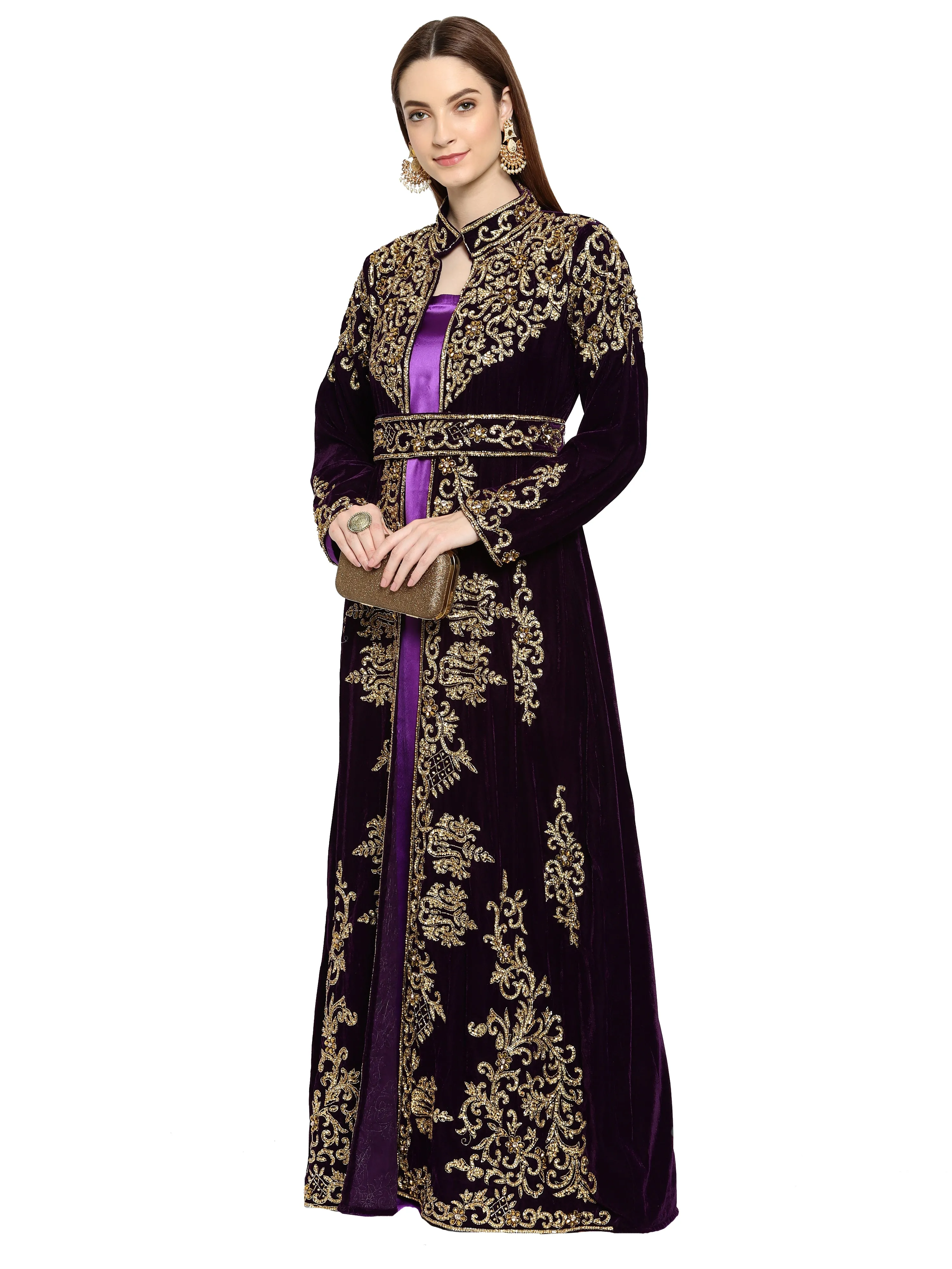 Wedding Gown Hand Embroidered Dress in Purple Velvet