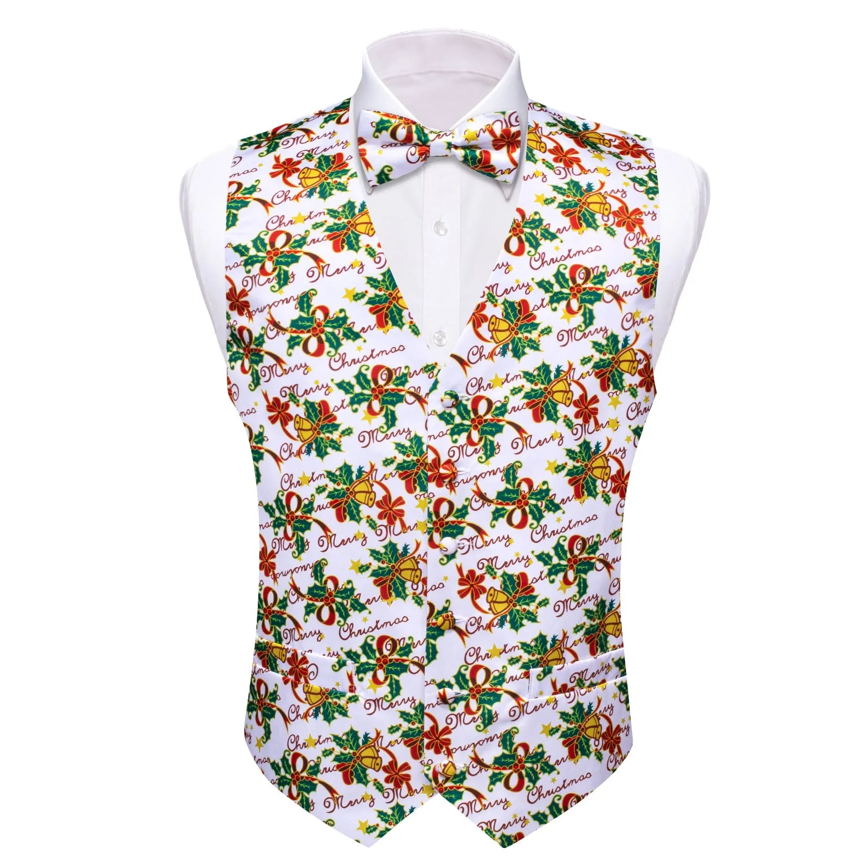 White Green Mistletoe Christmas Vest Bowtie Hanky Cufflinks Set Waistcoat Suit Set