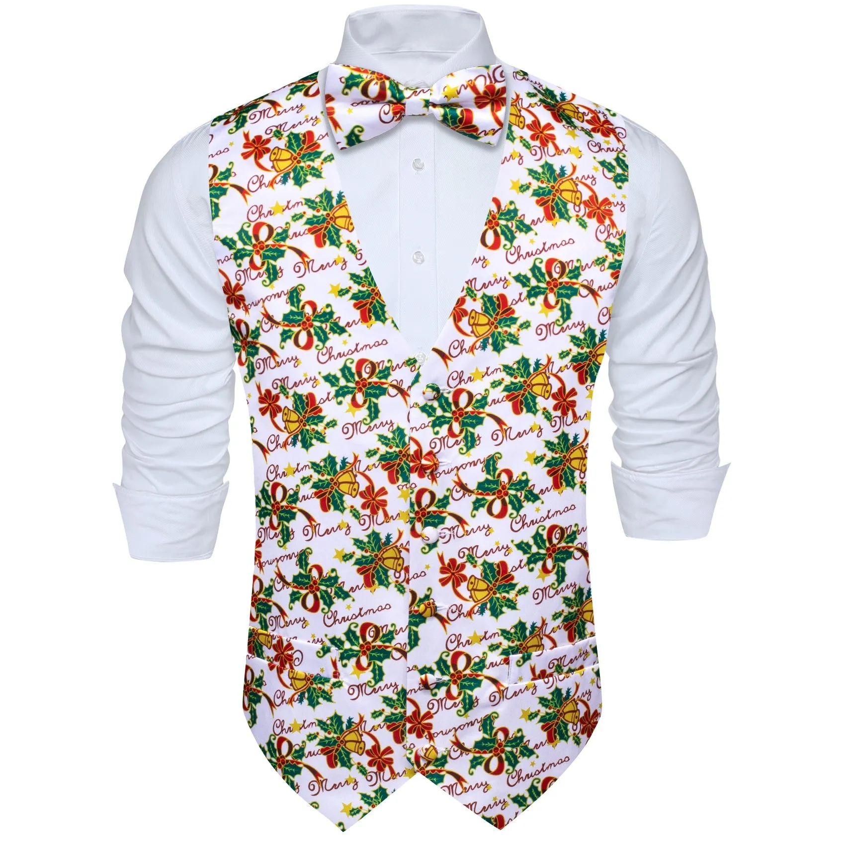 White Green Mistletoe Christmas Vest Bowtie Hanky Cufflinks Set Waistcoat Suit Set