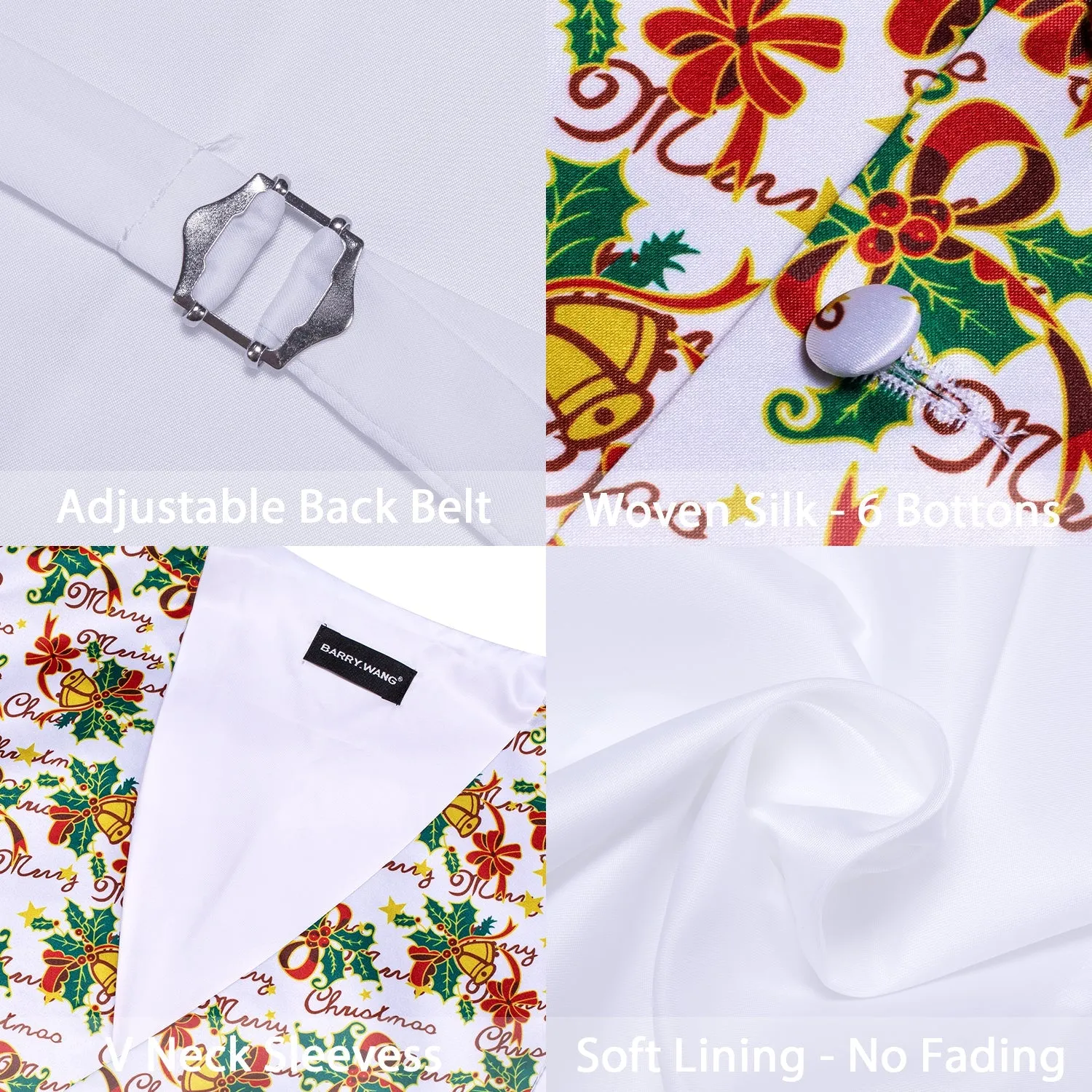 White Green Mistletoe Christmas Vest Bowtie Hanky Cufflinks Set Waistcoat Suit Set