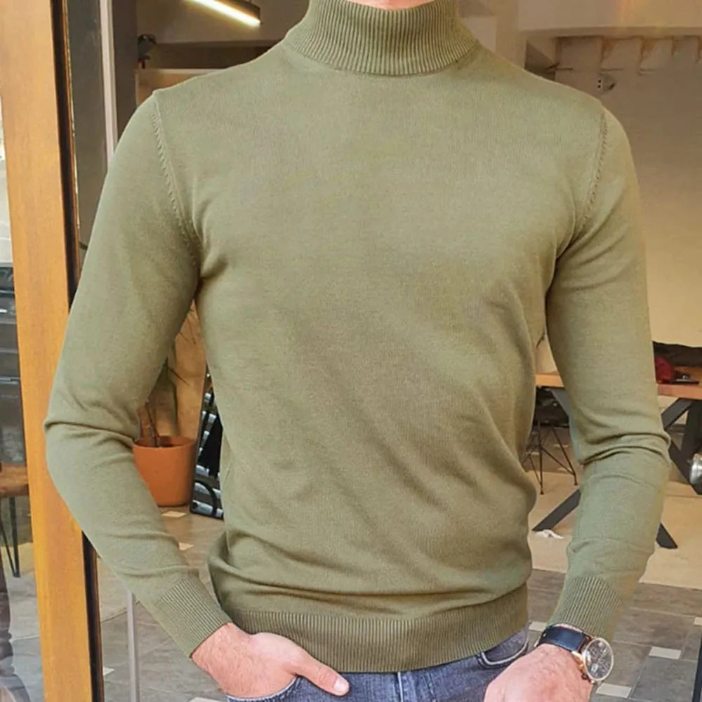 Wiaofellas  -  Autumn And Winter Fashion New Retro Solid Color Turtleneck Bottoming Sweater T-Shirt Long-Sleeved Slim Thin Sweater For Men