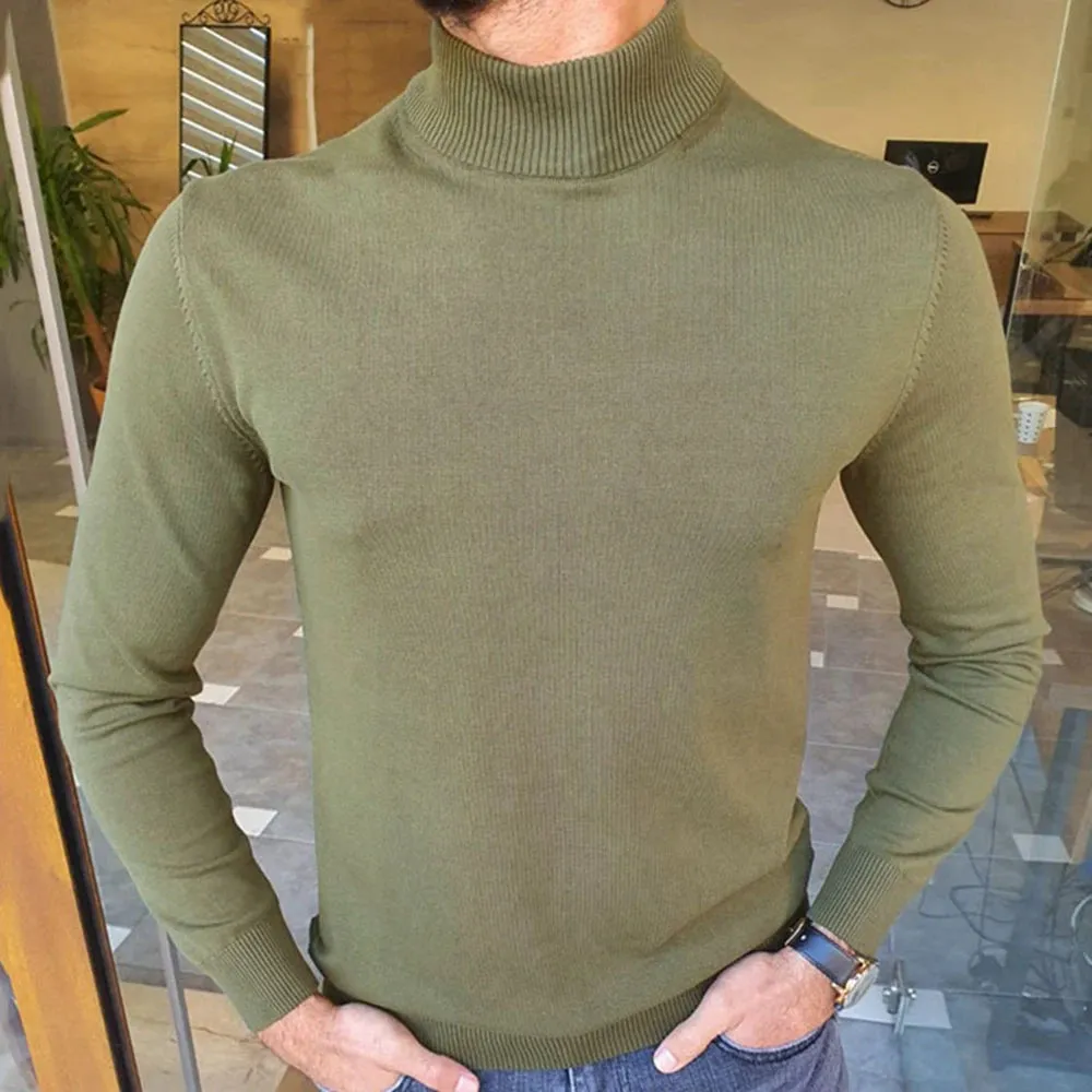 Wiaofellas  -  Autumn And Winter Fashion New Retro Solid Color Turtleneck Bottoming Sweater T-Shirt Long-Sleeved Slim Thin Sweater For Men