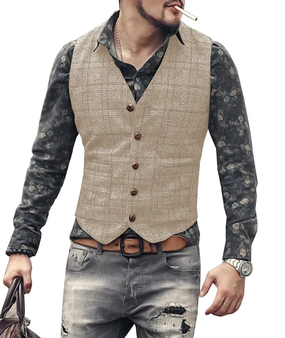 Wiaofellas  -  Men's Vest Brown Black Waistcoat Man Plaid Steampunk Jacket Striped Tweed V Neck Slim Fit Gilet Wedding Clothing