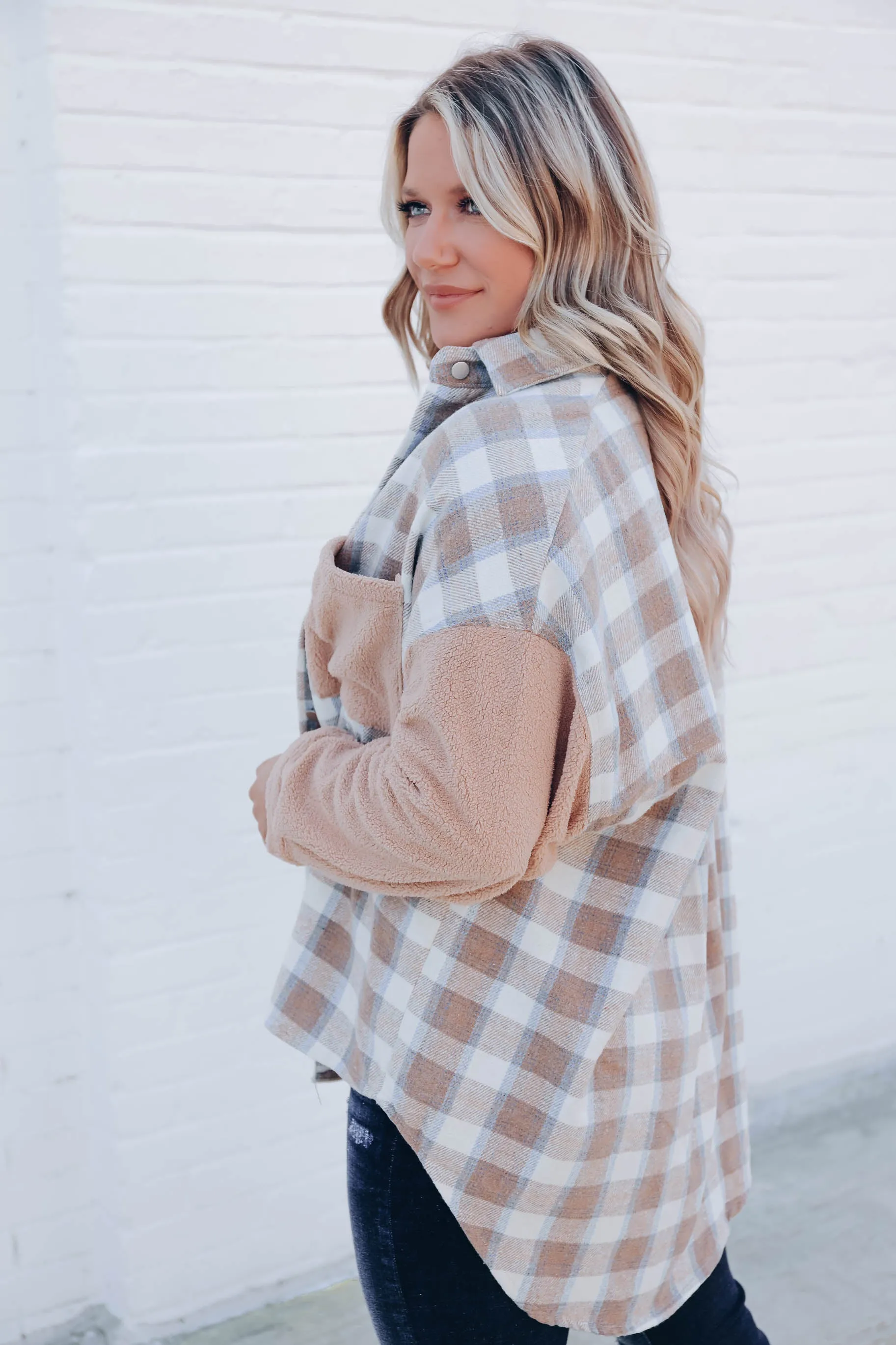 Winnie Plaid Sherpa Shacket - Blue/Taupe