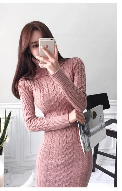 Wjczt Women&#39;s New Knitted Turtleneck Long Sleeve Slim and Slim Mid-length Over-the-knee Dress In Autumn and Winter White Dress